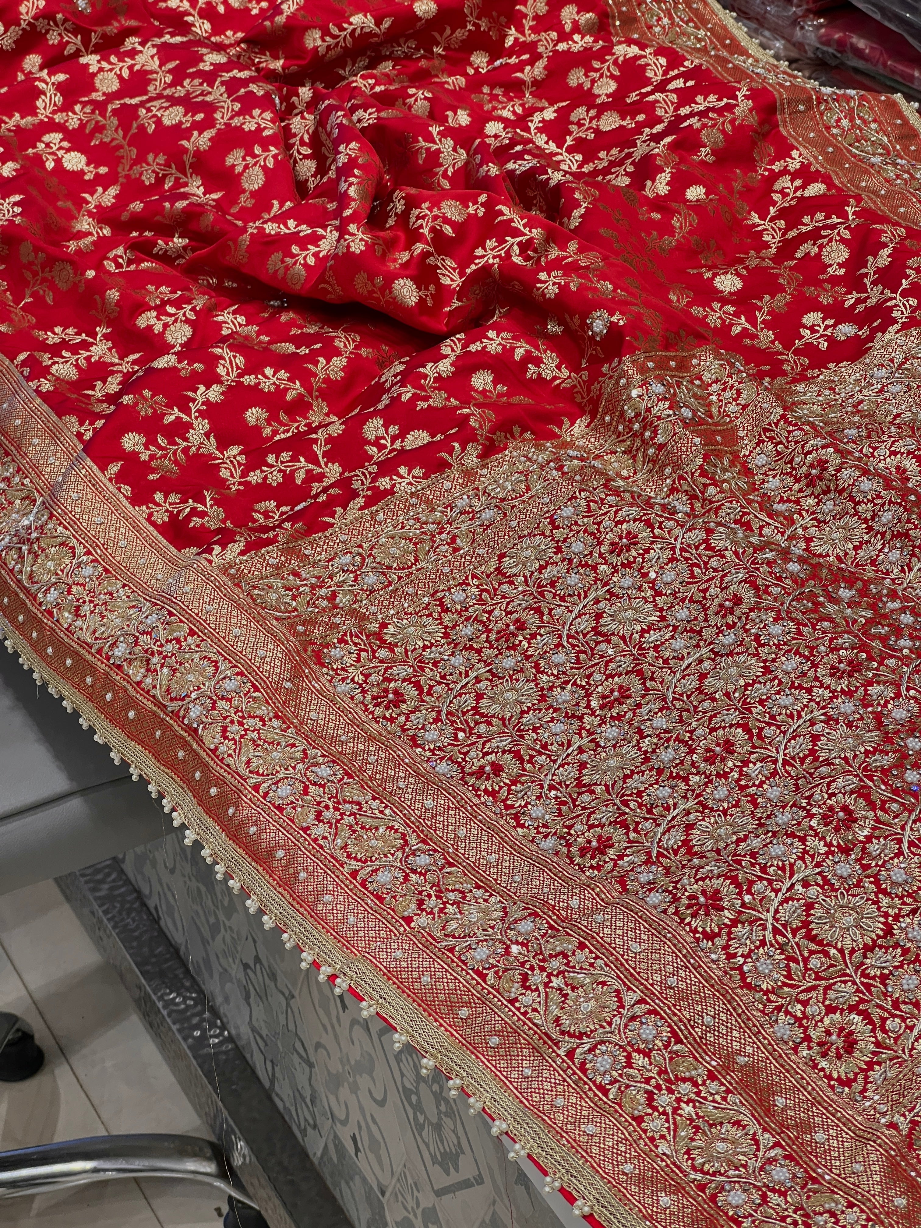 Red Banarasi Silk Flower Jaal Hand Embroidery Saree 2.0