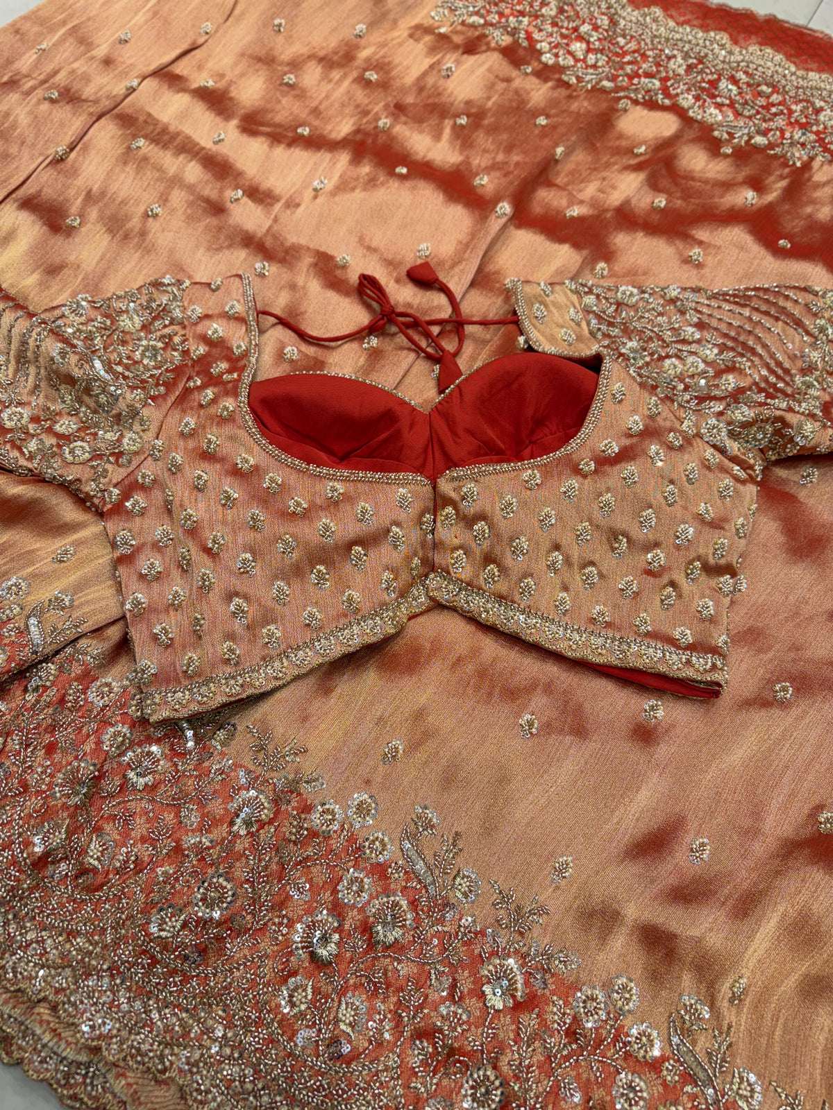 Rust Orange Crepe Tissue Embroidery Ready Blouse Saree