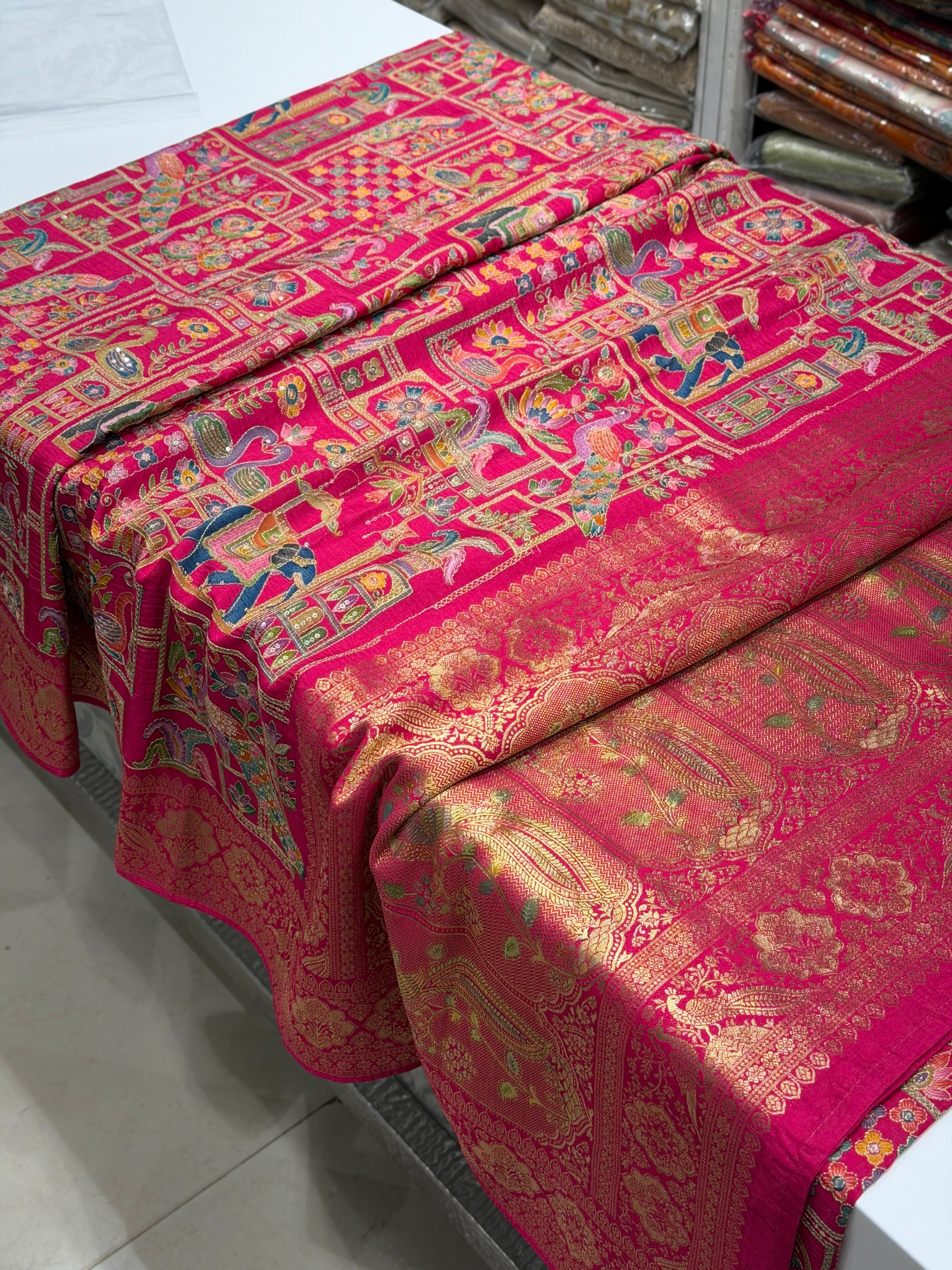 Rani Banarasi Fauna Banarasi Munga Pita Embroidery Saree