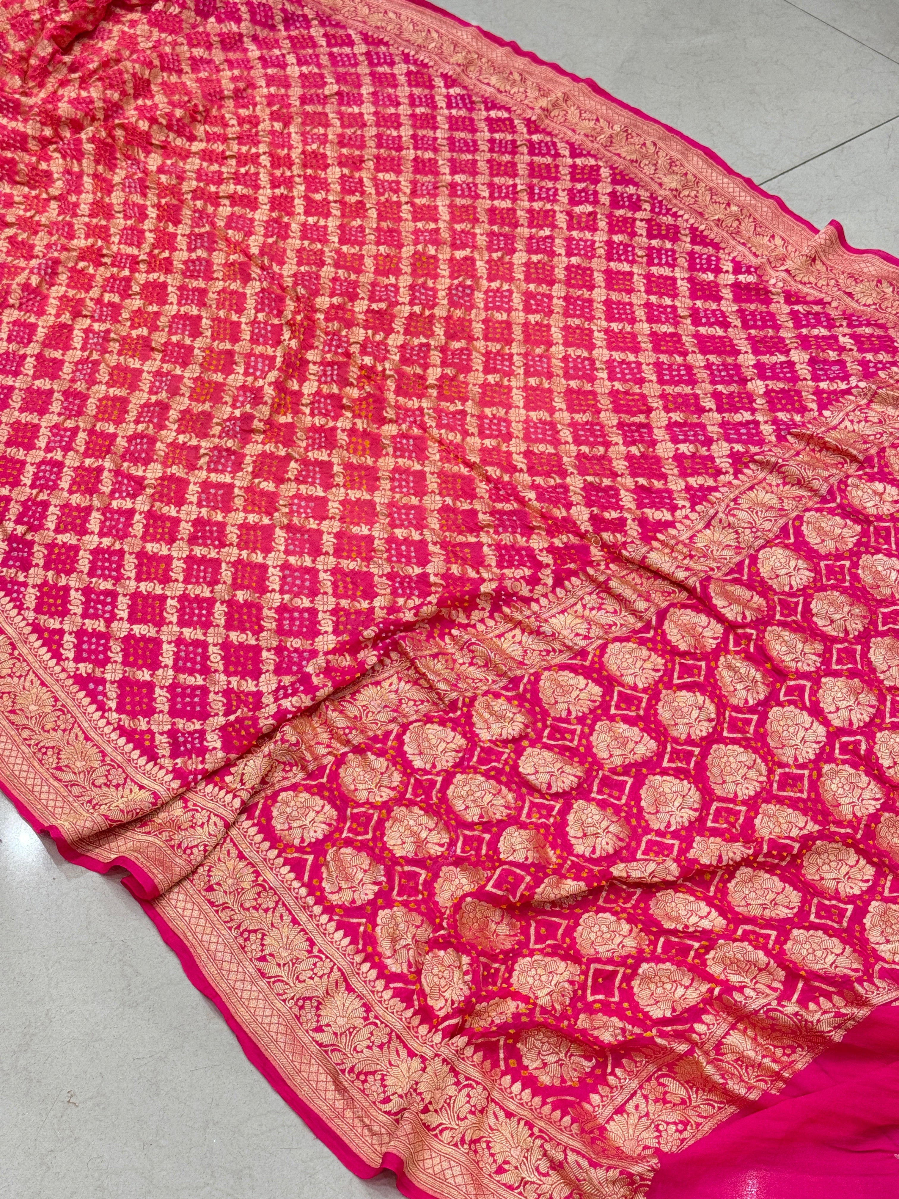 Strawberry Peach Shaded Bandhej Bandhini Saree