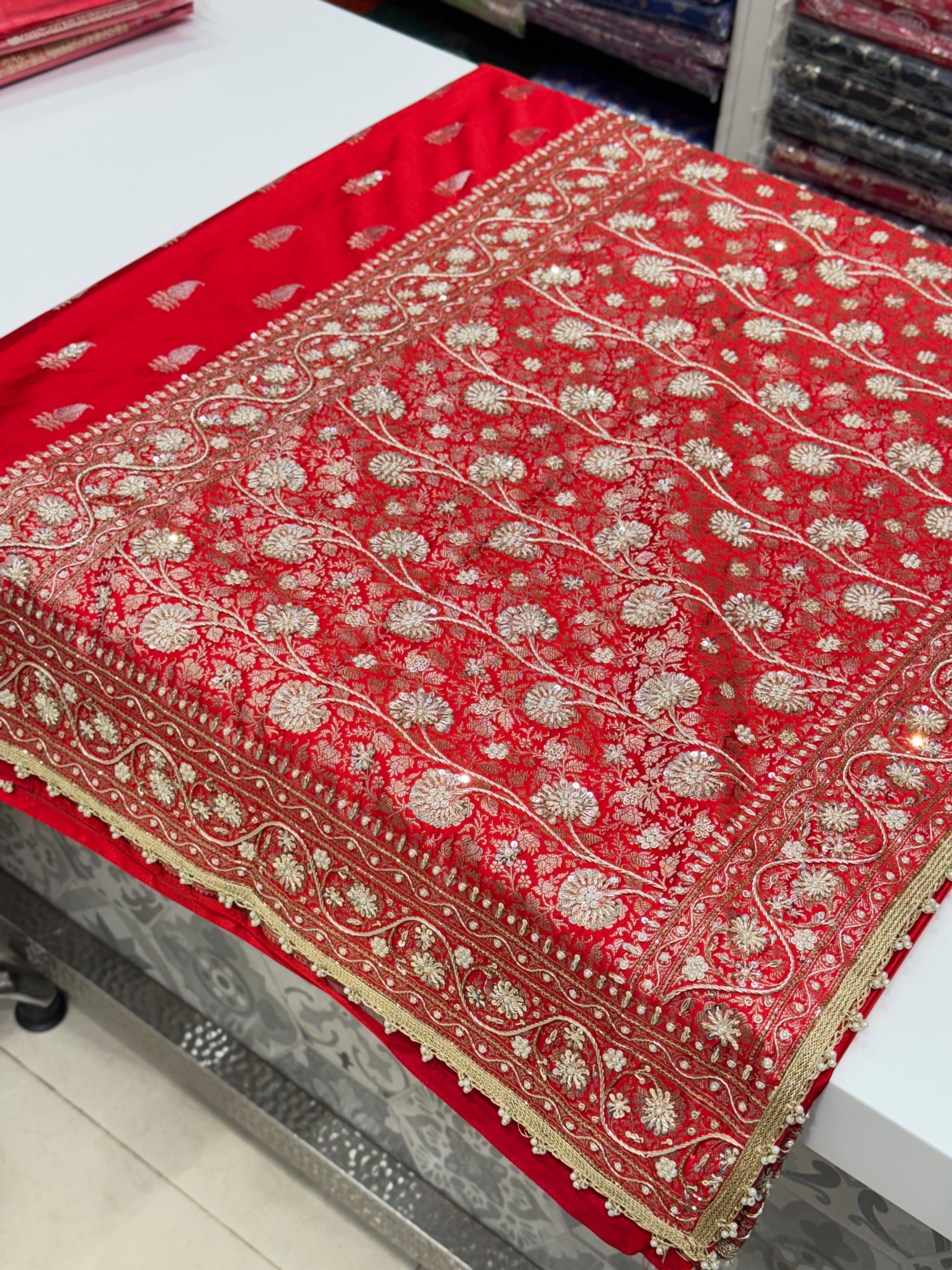 Red Banarasi Japanese Butti Zardosi Hand Embroidery Saree