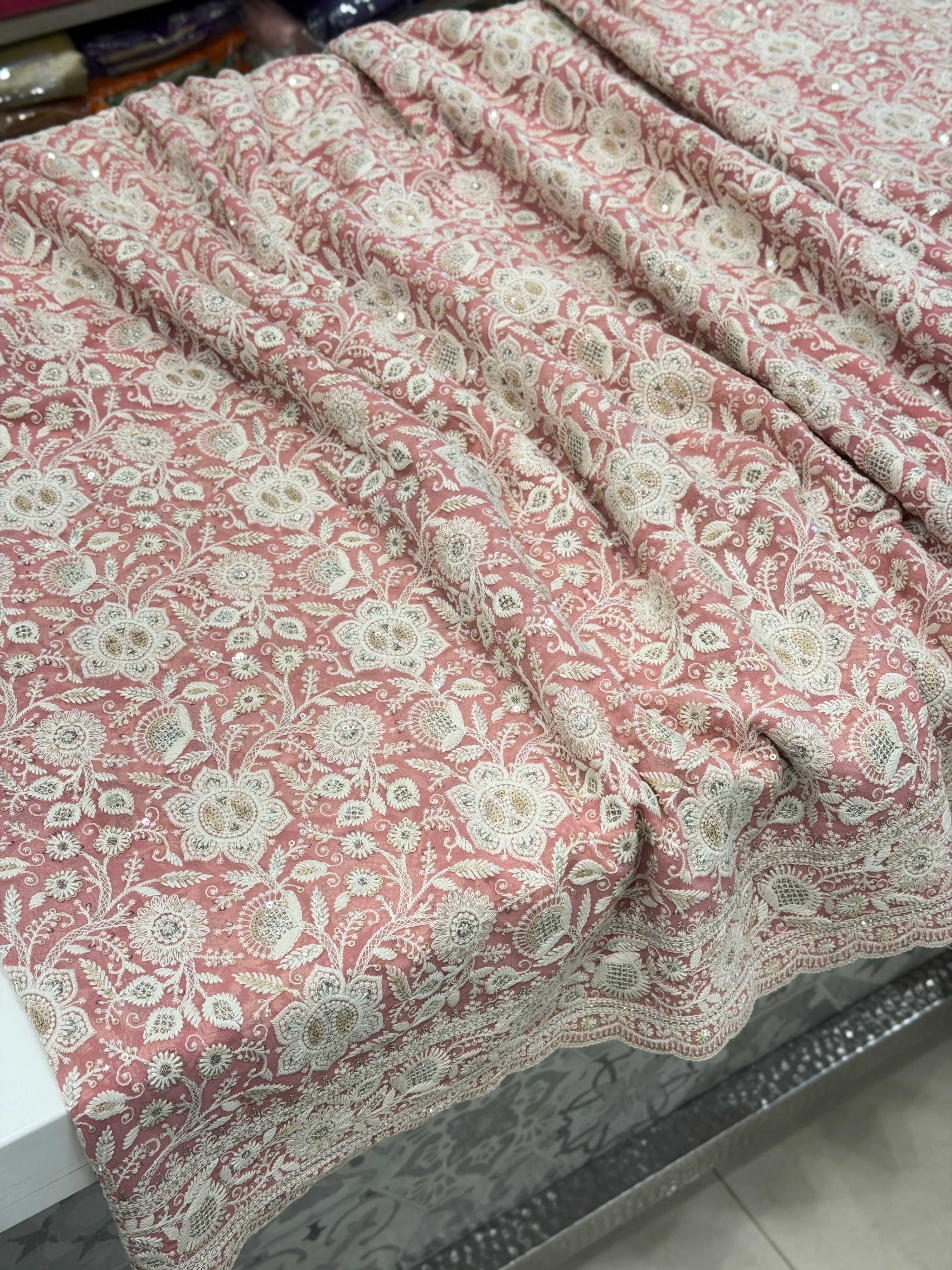 Pink Chikankari Georgette Small Scallop Design Saree