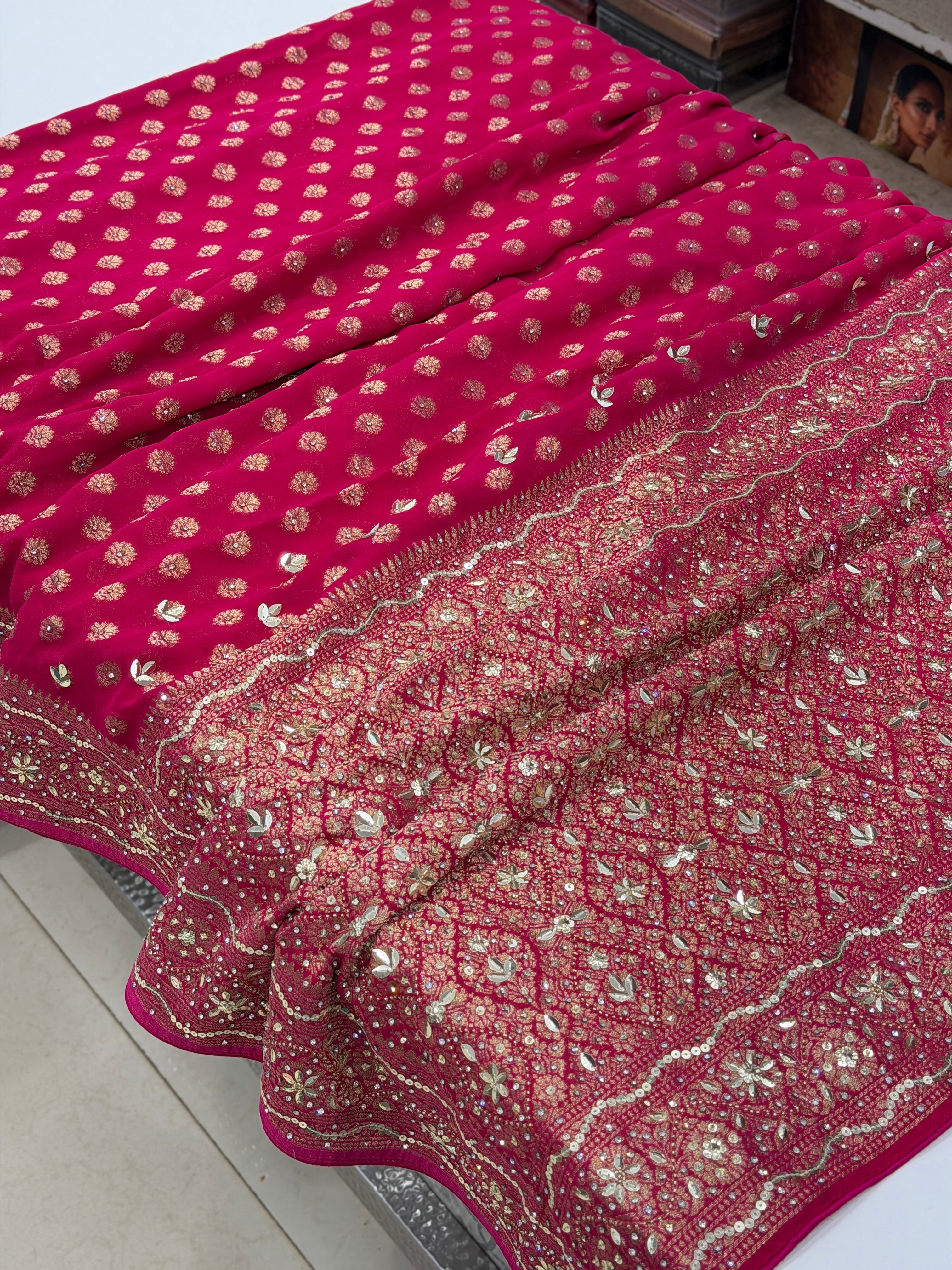 Rani Banarasi Khaddi Georgette Butti Hand Embroidery Sequin Stone Saree