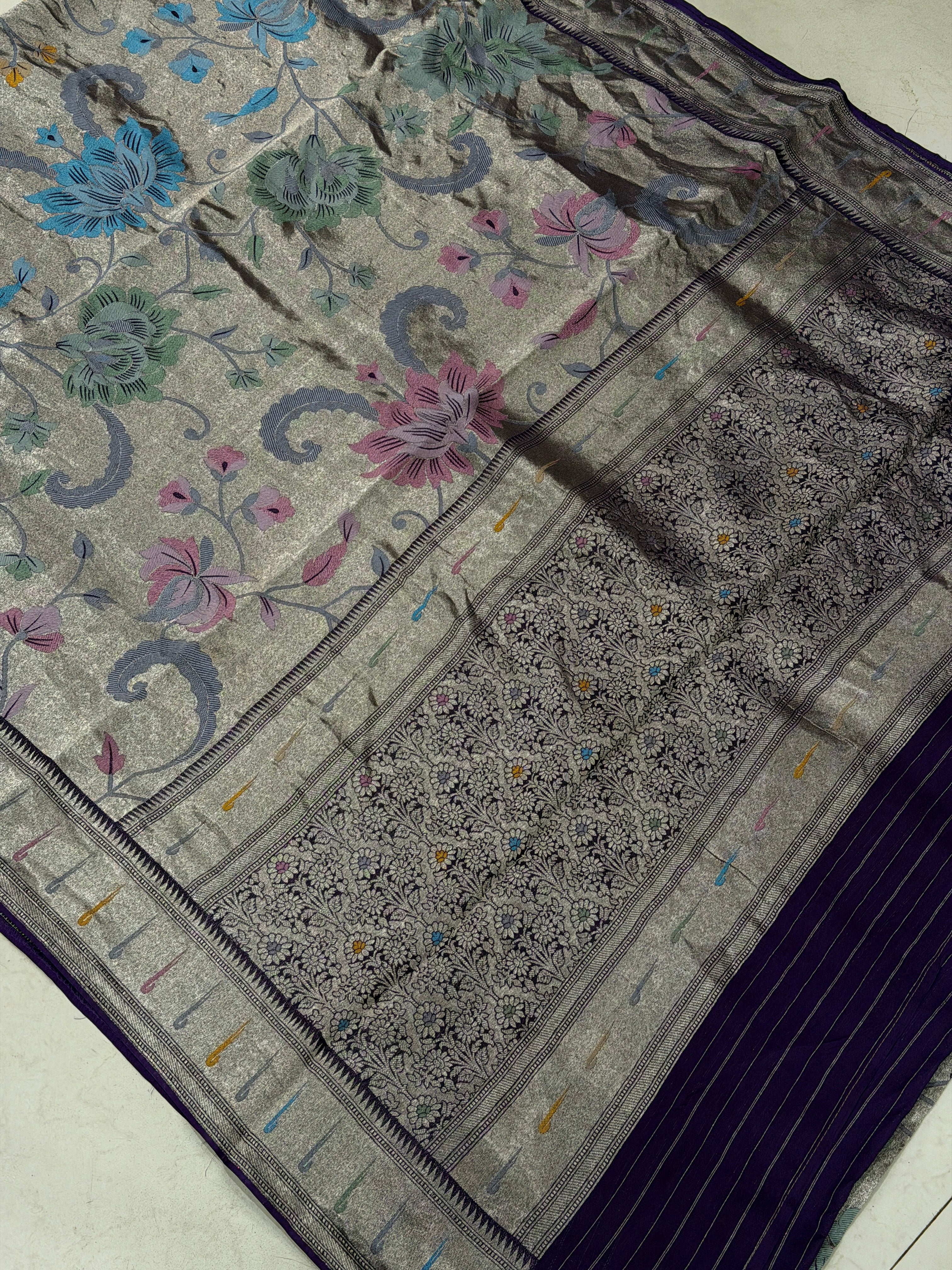 Violet Silver Meenakari Muniya Tissue Munga Banarasi Paithani Saree