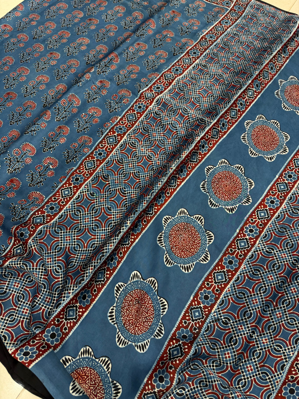 Blue Floral Butta Ajrakh Hand Block Print Pure Gajji Silk Saree