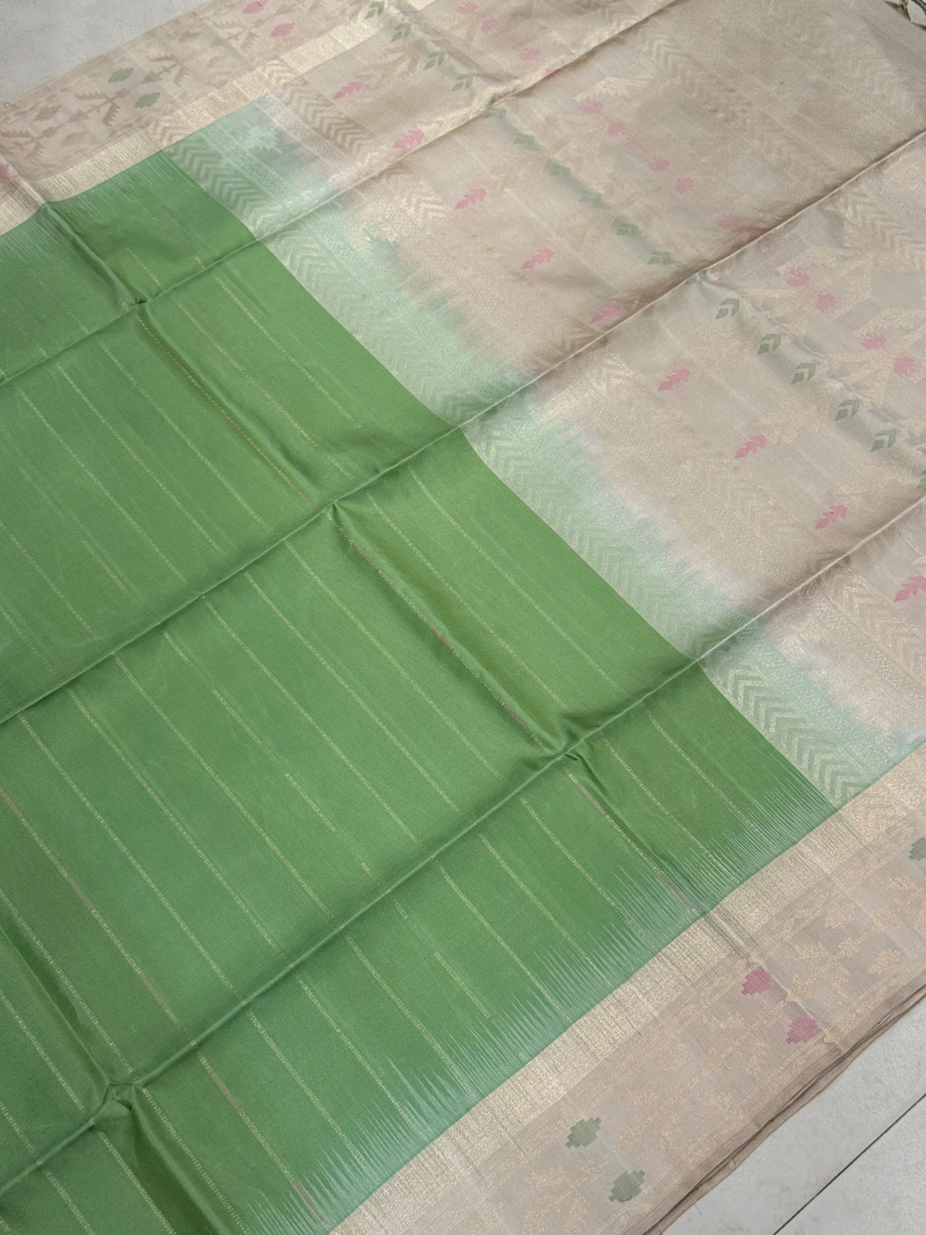 Pista Green Beige Contemporary Handloom Kanchipuram Pure Silk Saree