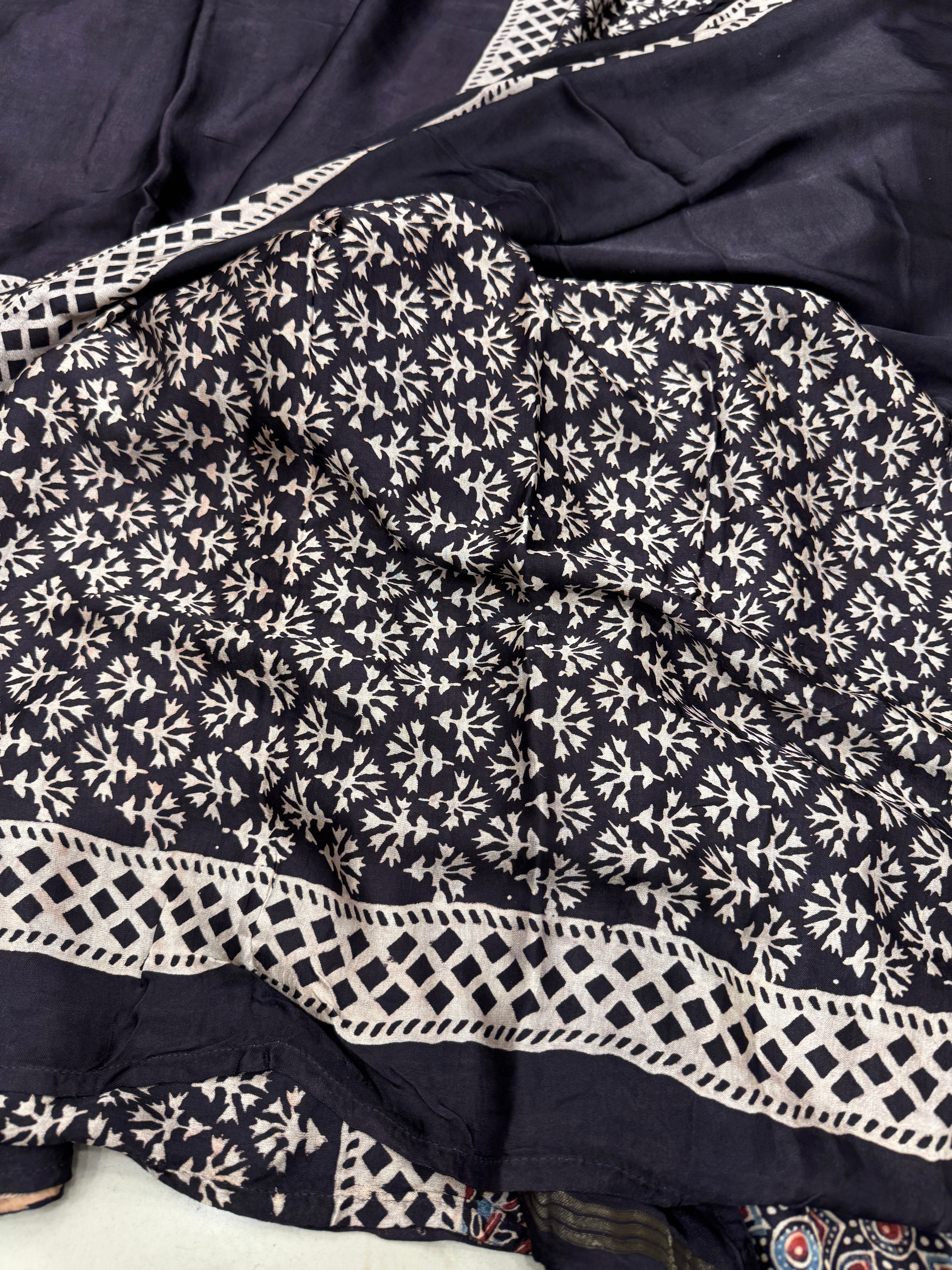 Black Check Half Jaal Ajrakh Modal Gajji Silk Saree