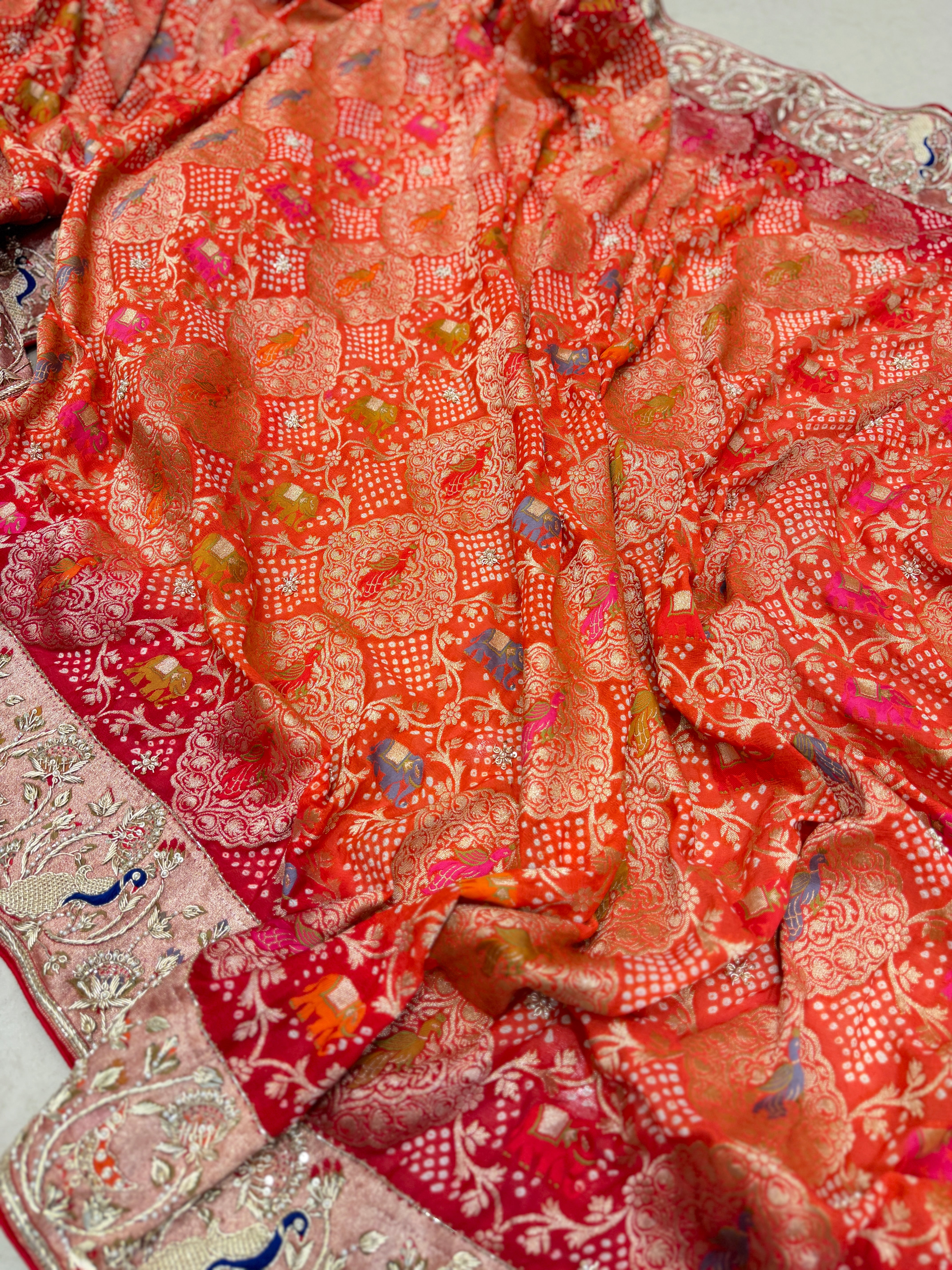Shaded Meenakari Bandhej Zardosi Mor Hathi Jaal Saree