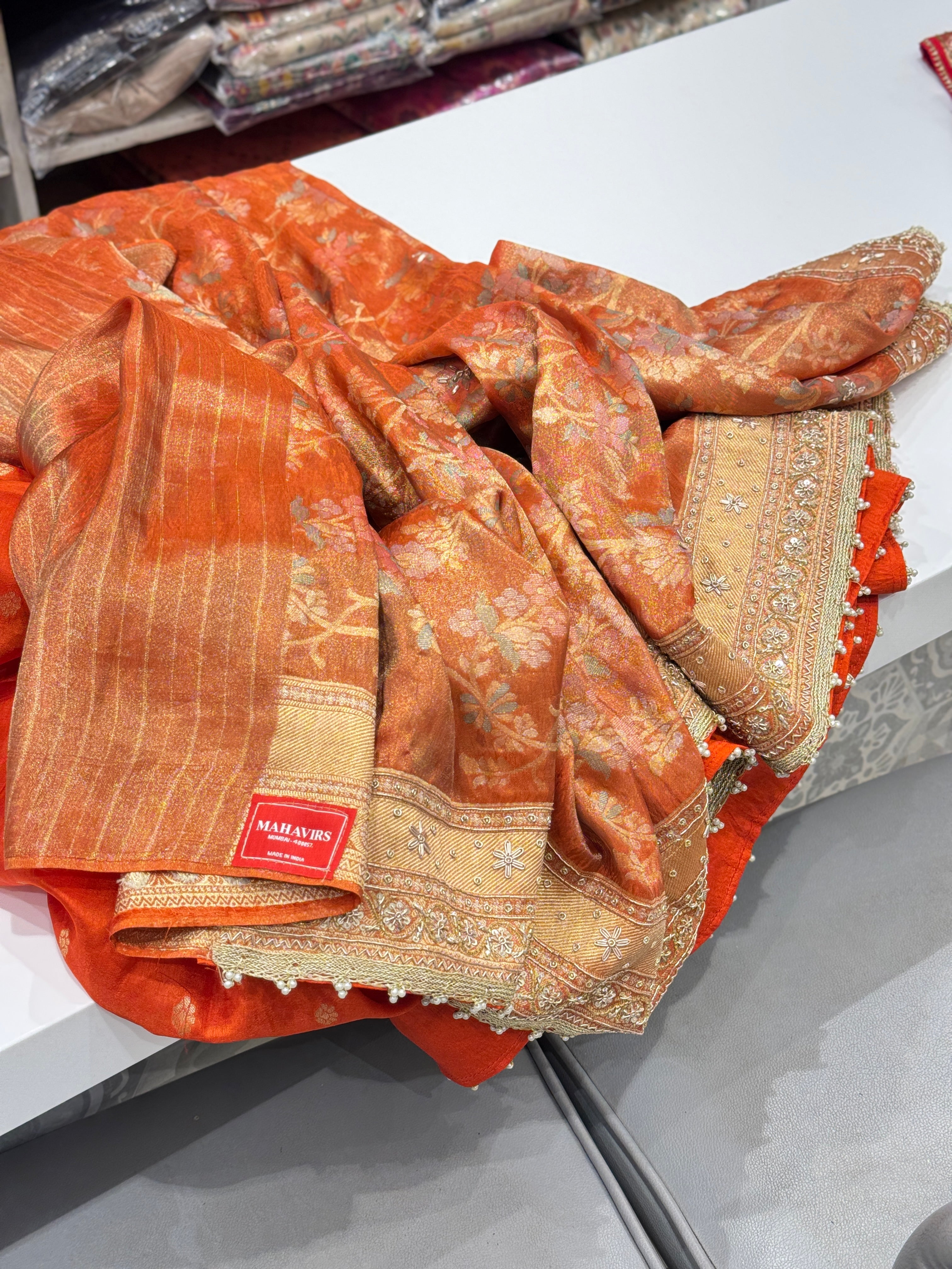 Rust Orange Meenakari Tissue Zardosi Embroidery Saree