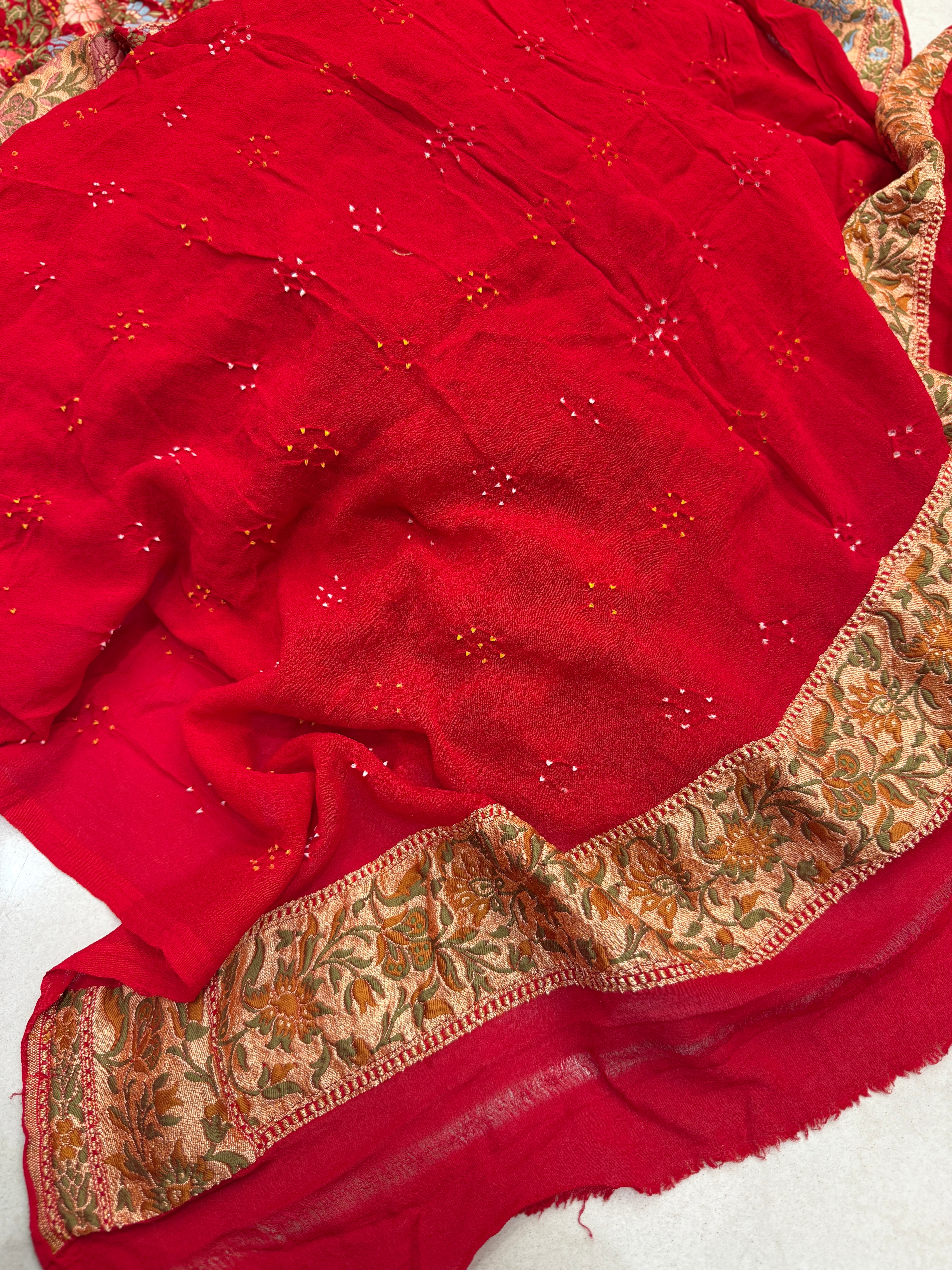 Red Floral Jaal Meenakari Rai Bandhej Georgette Bandhini Saree