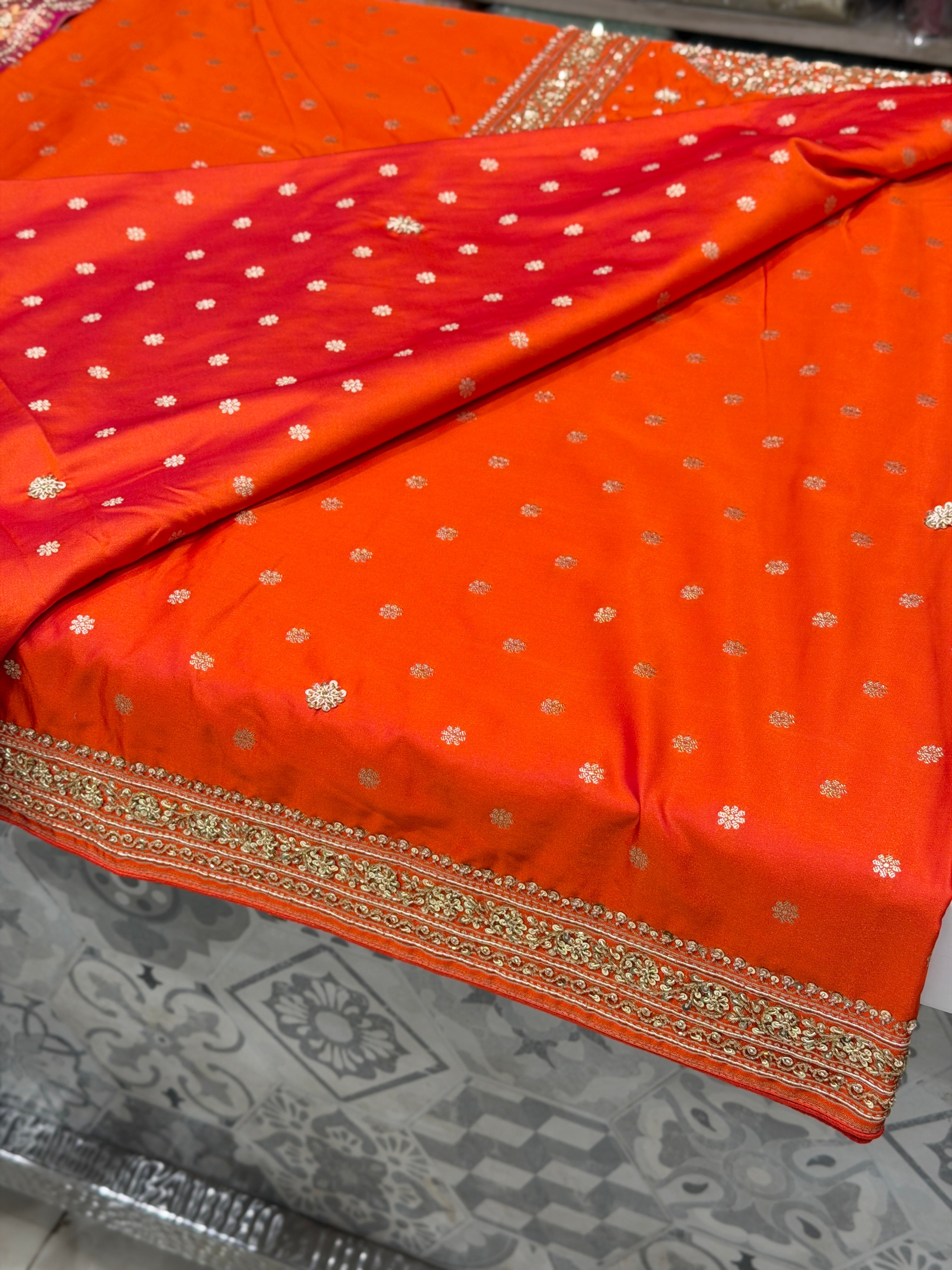 Rust Orange Banarasi Buttis Zardosi Hand Embroidery Saree