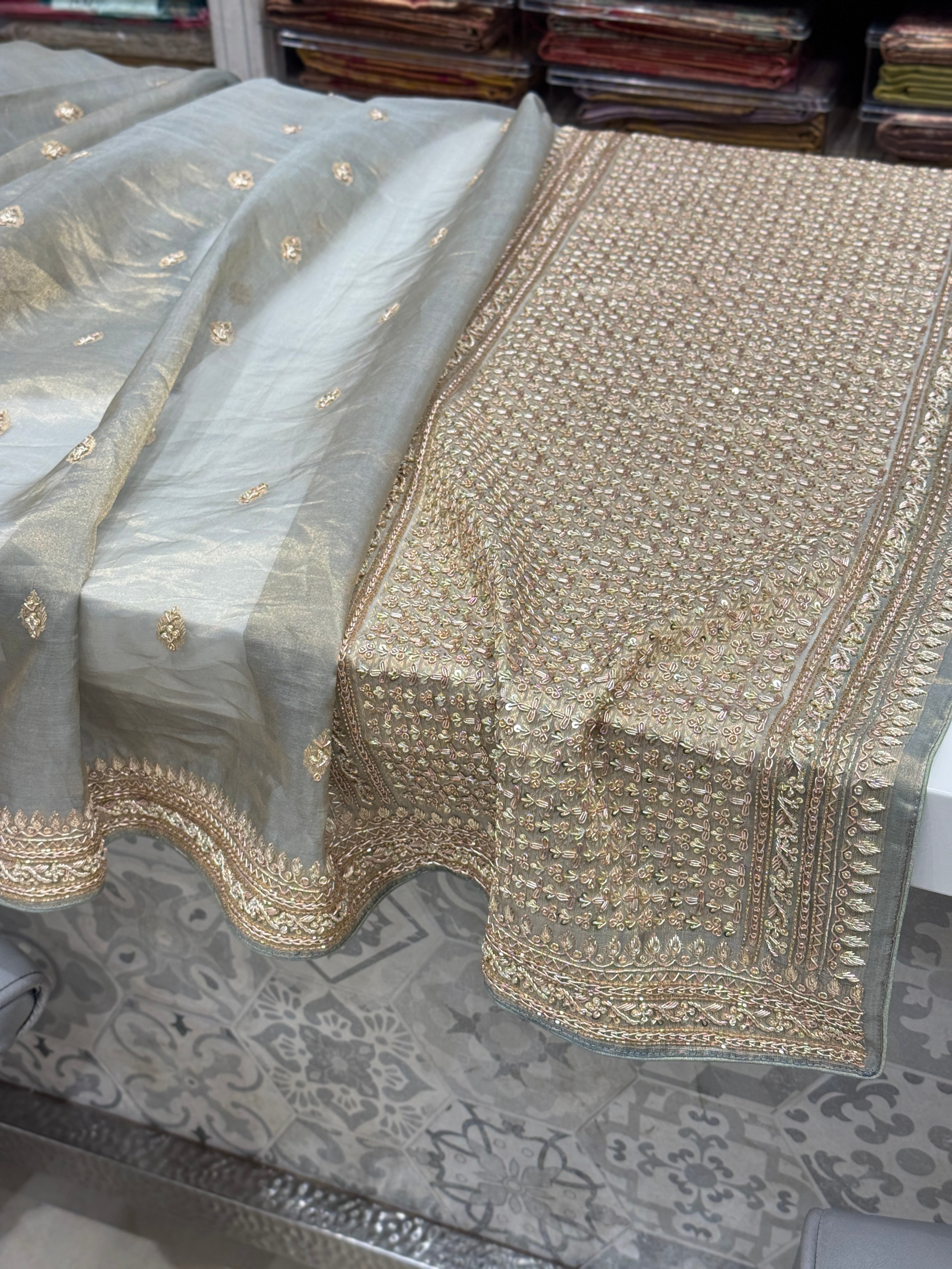 Cement Grey Banarasi Tissue Kadwa Buttas Zardosi Hand Embroidery Saree