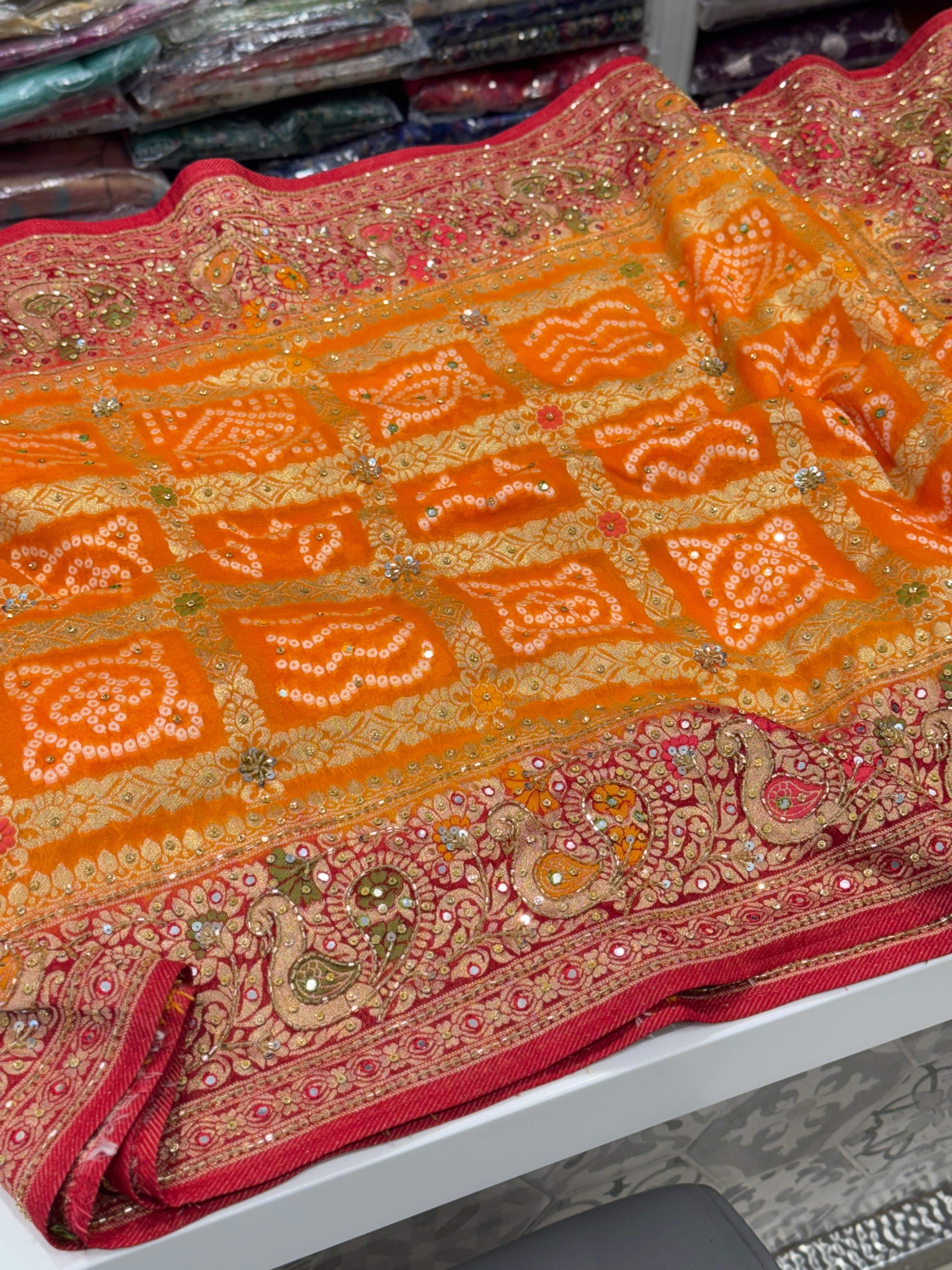 Orange Red Gharchola Embroidery Saree