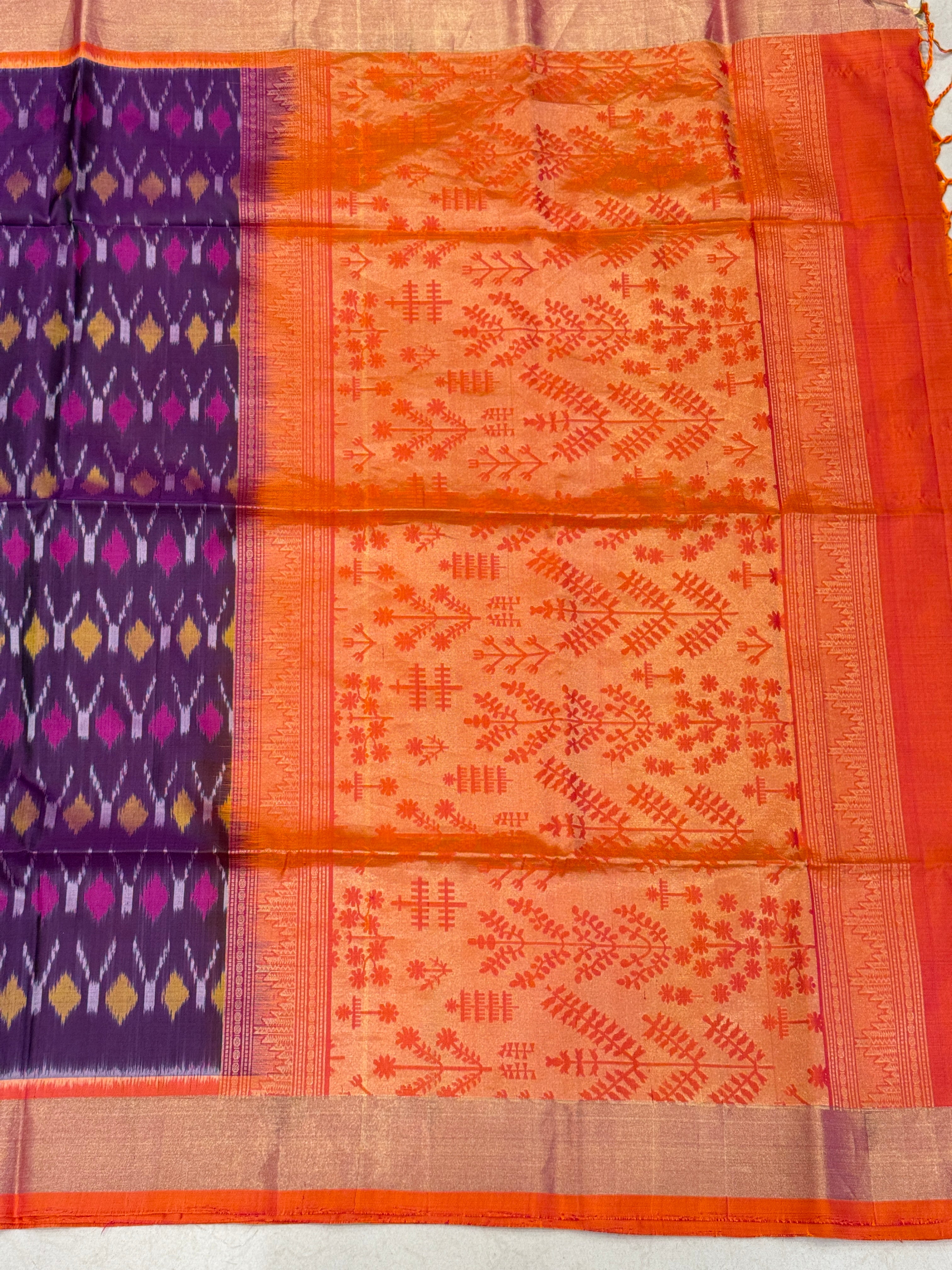 Contemporary Violet Orange Pochampally Ikat Silk Patola Saree
