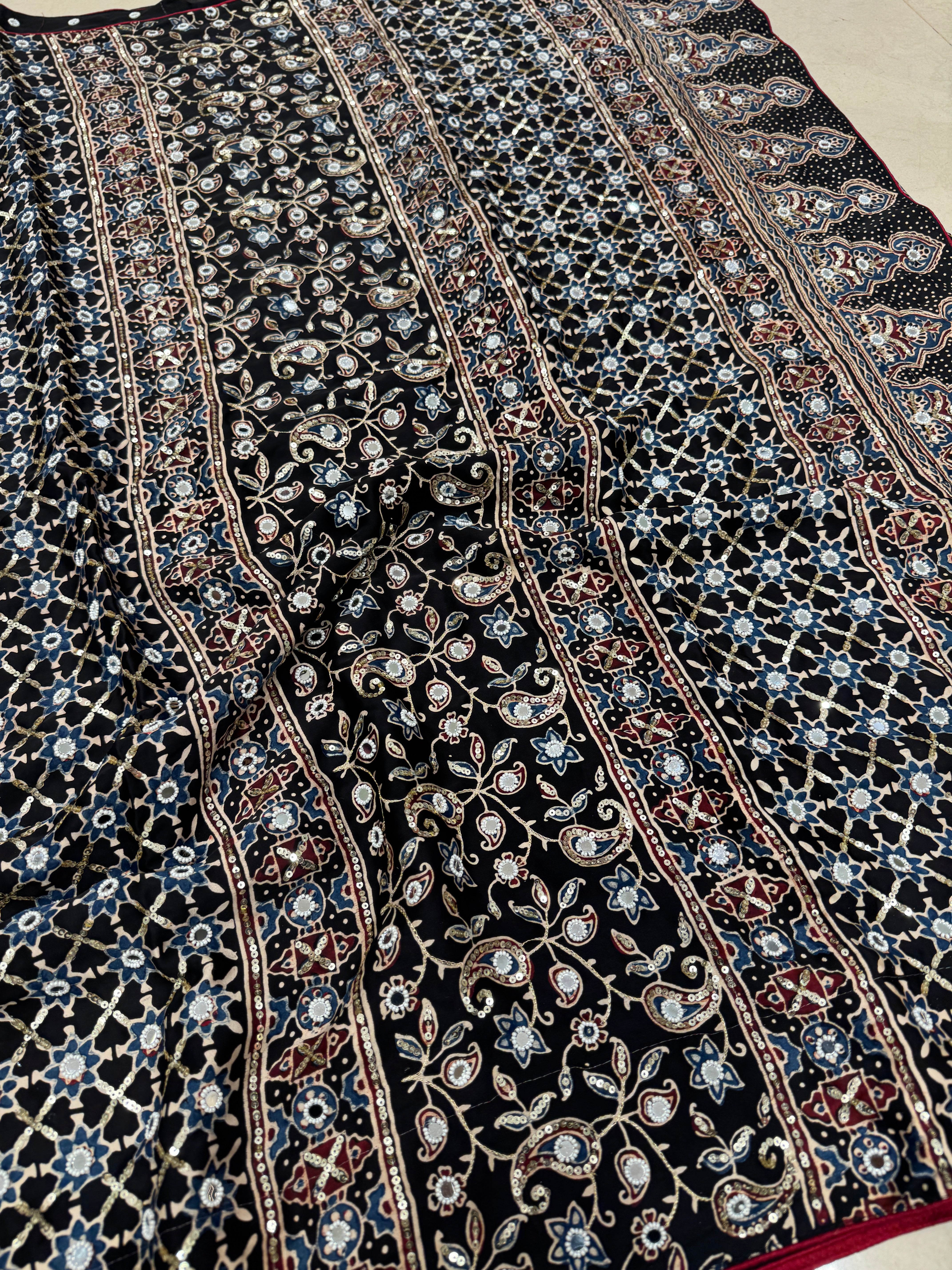 Black Badam Buttas Ajrakh Sequin Mirror Moti Hand Embroidery Saree