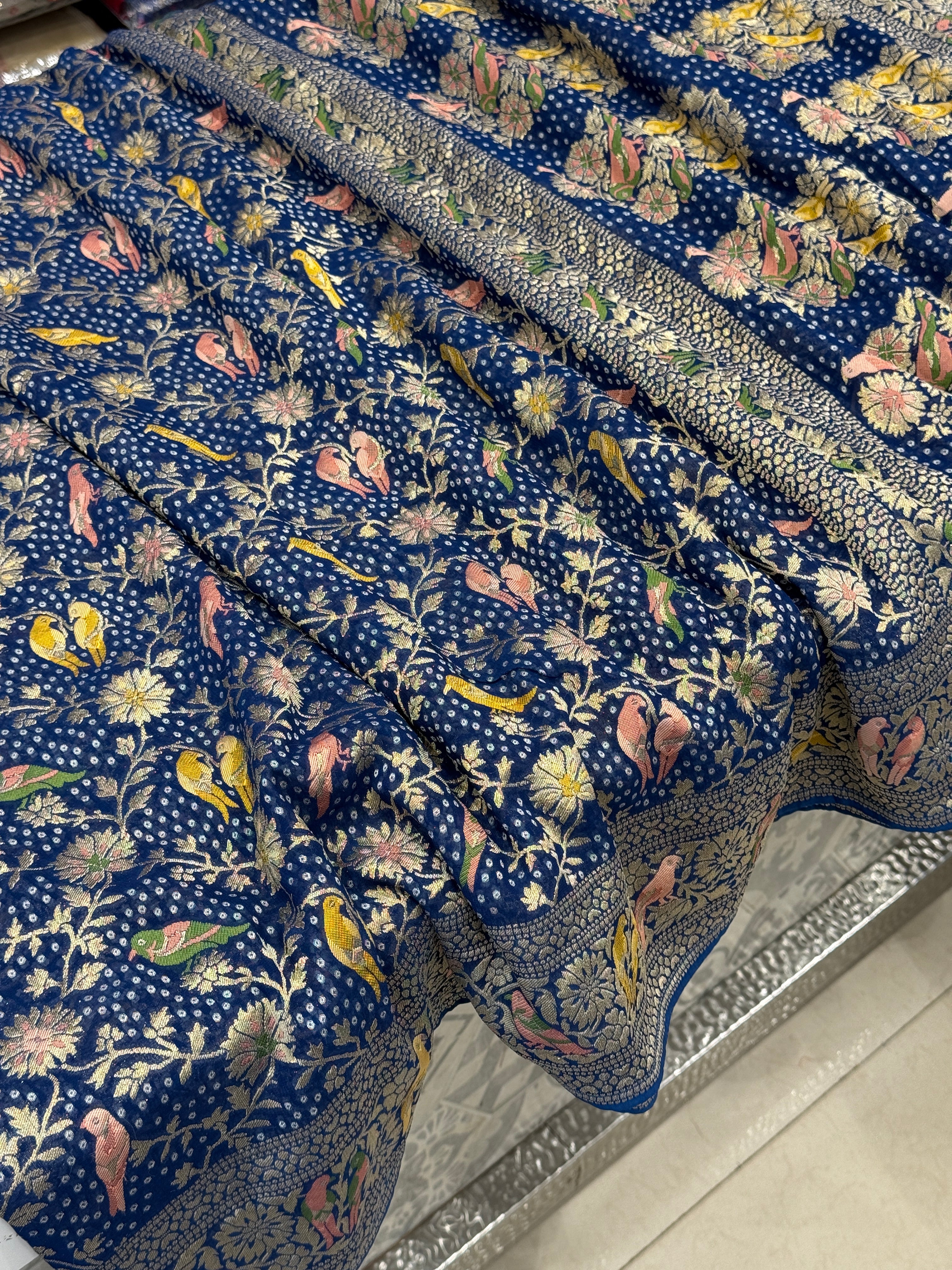 Blue Woven Bandhej Meenakari Parrot Motif Saree