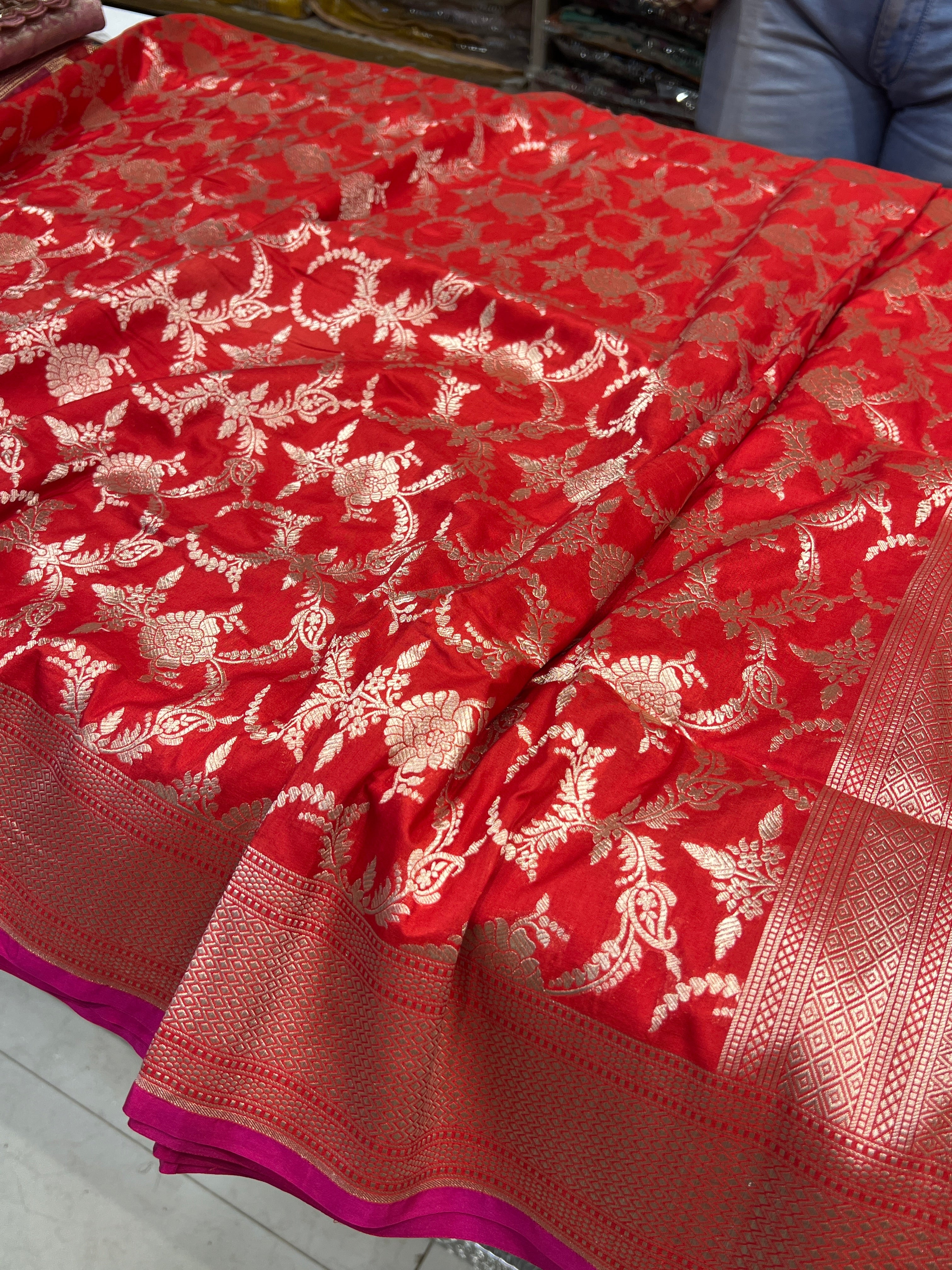 Red Katan Silk Floral Jaal with Rani Pink Piping Saree