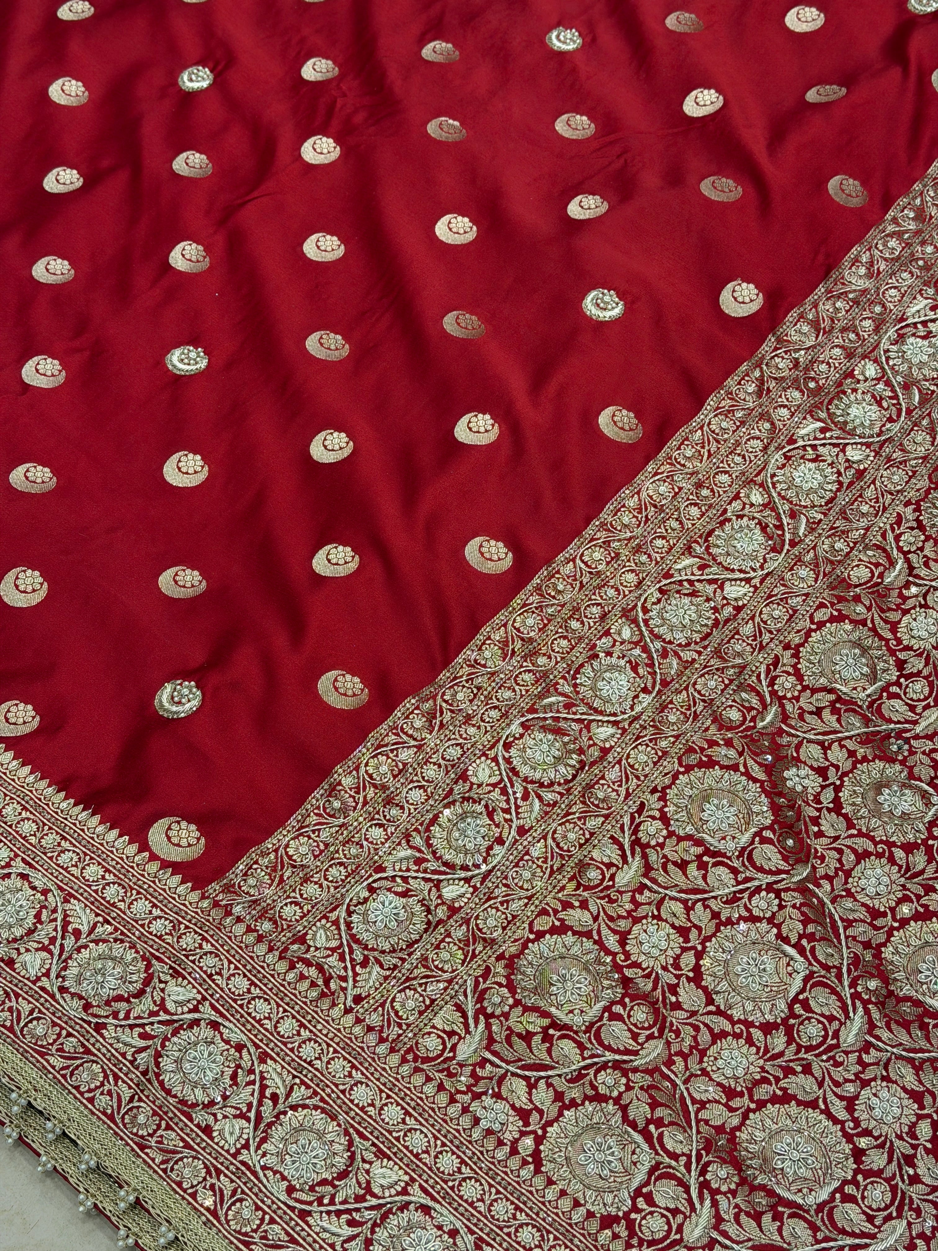 Maroon Banarasi Chand Butti Zardosi Hand Embroidery Saree