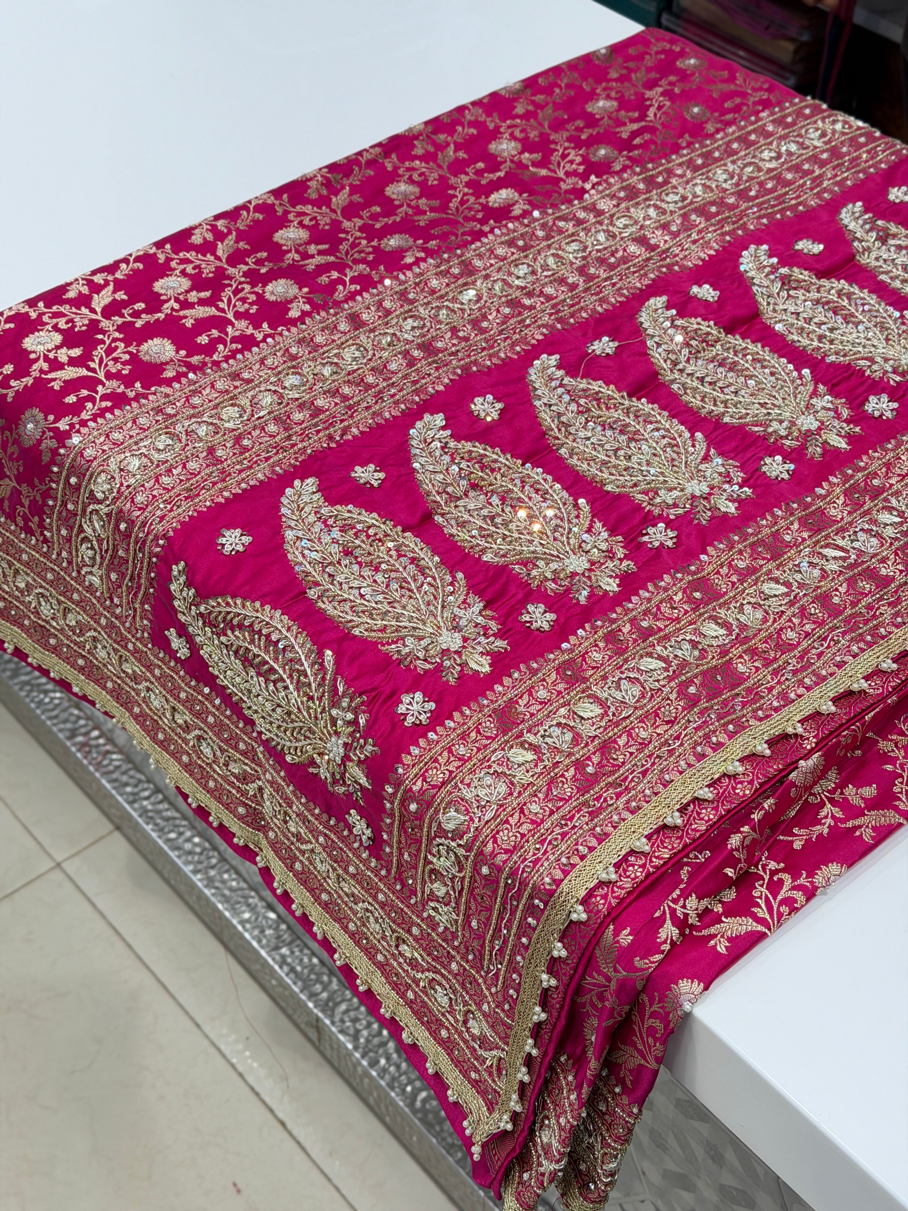 Rani Pink Banarasi Sona Roopa Jaal Zardosi Hand Embroidery Saree