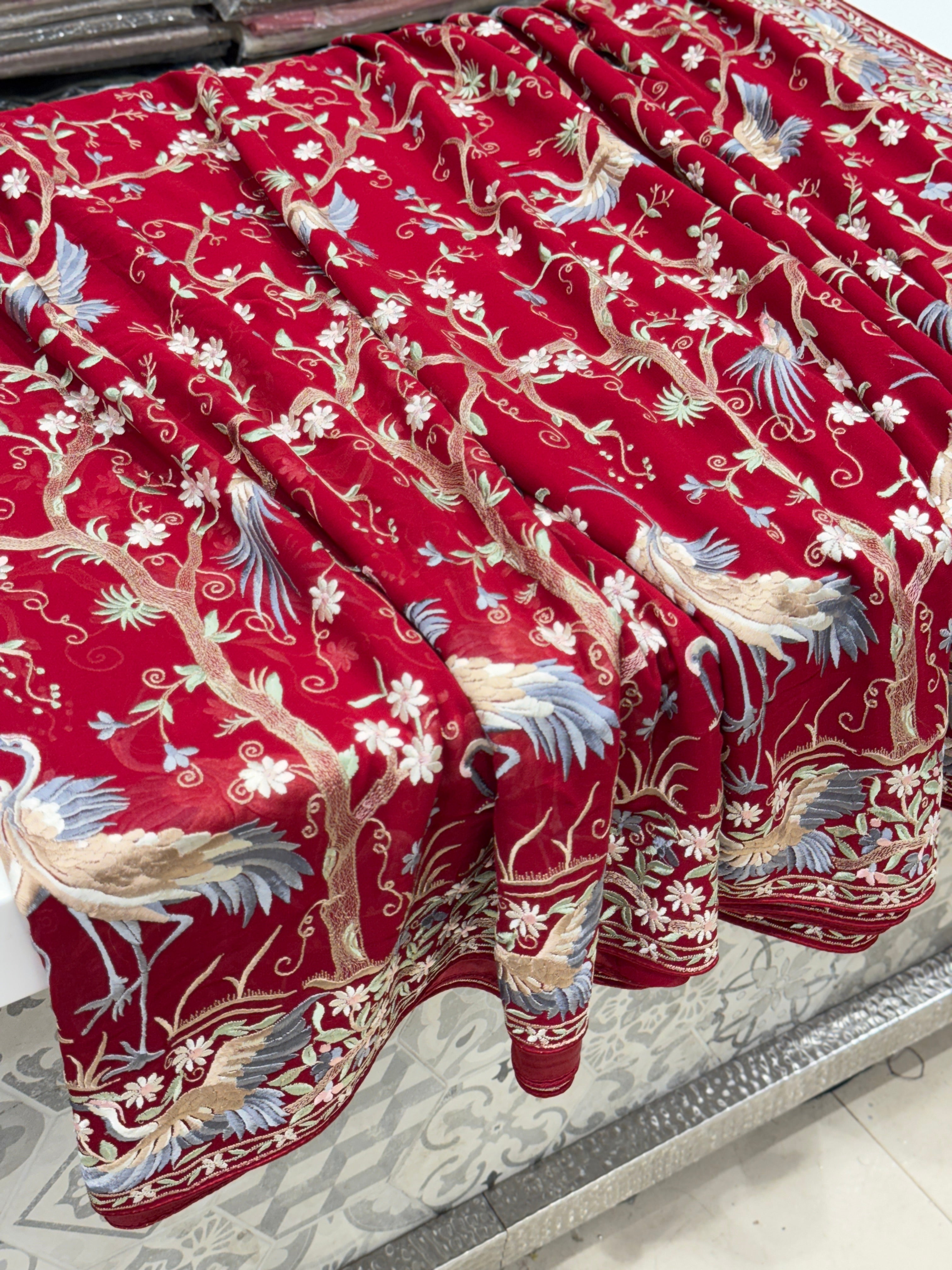 Red Tree Of Life Flamingo Parsi Gara Saree