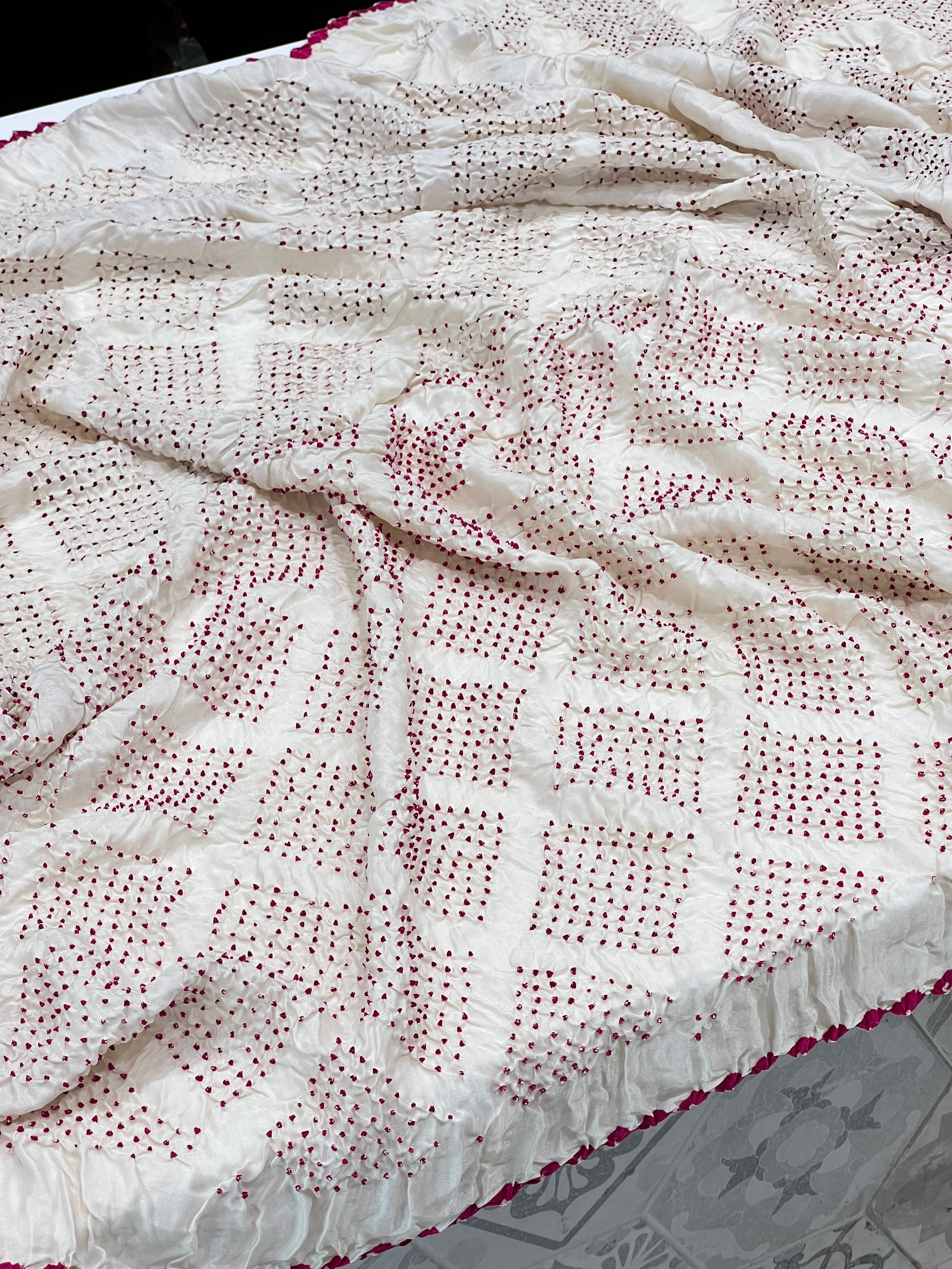 White Red Pure Gajji Silk Rai Bandhej Saree