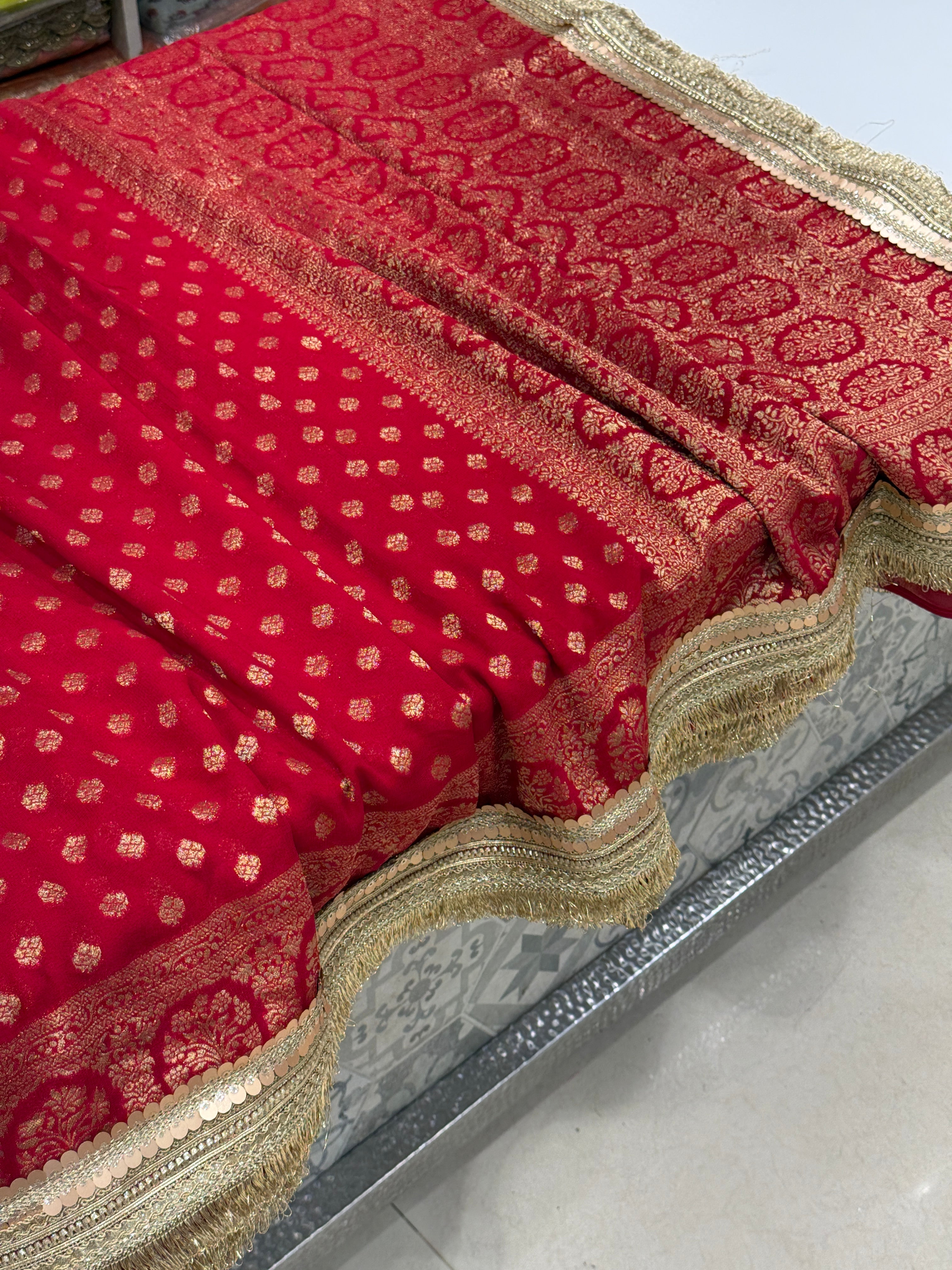 Red Banarasi Khaddi Georgette Buttis Maharani Lace Saree