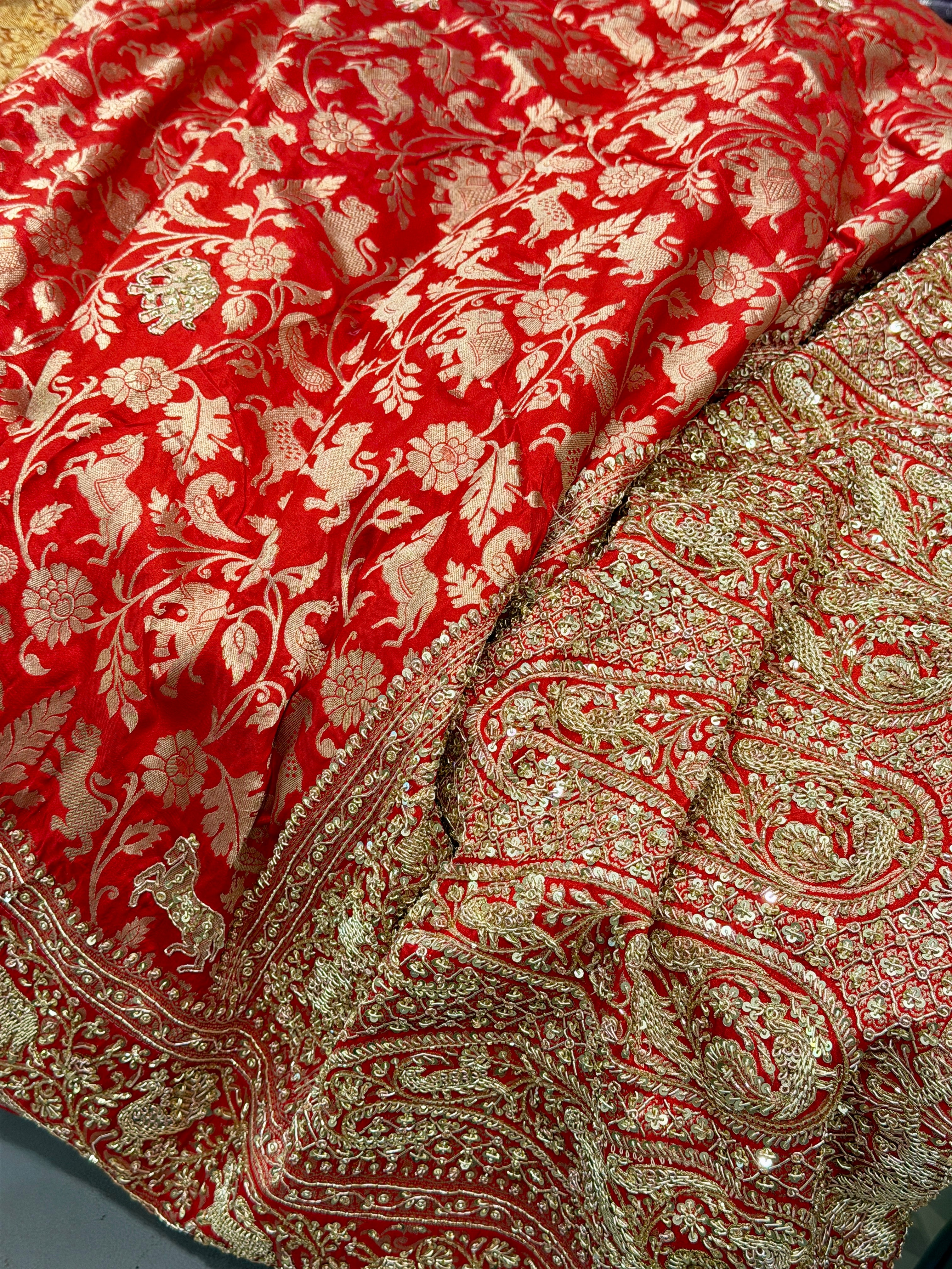 Red Banarasi Shikara Zardosi Hand Embroidery Saree