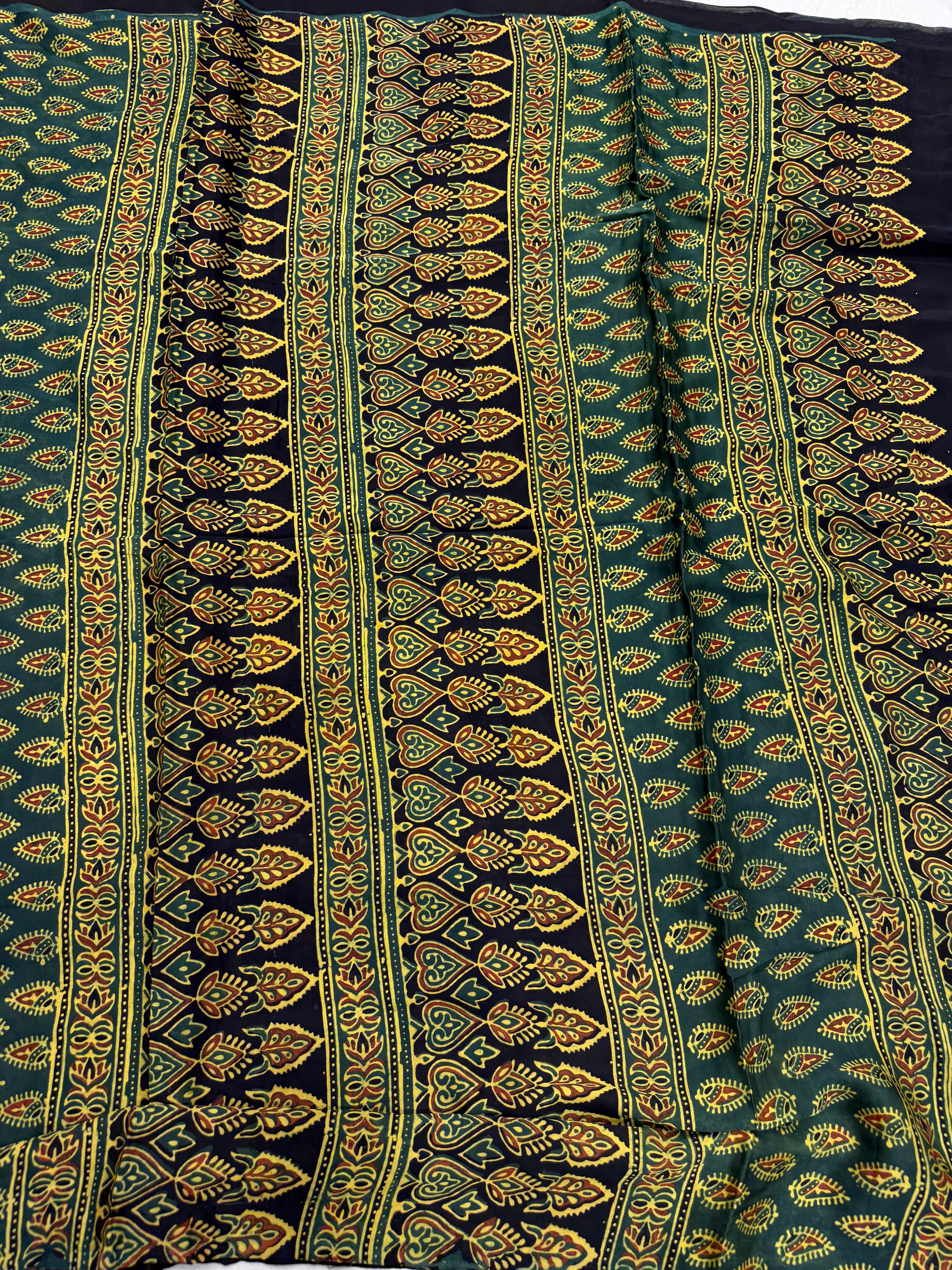 Bottle Green Badam Buttas Ajrakh Hand Block Print Pure Gajji Silk Saree