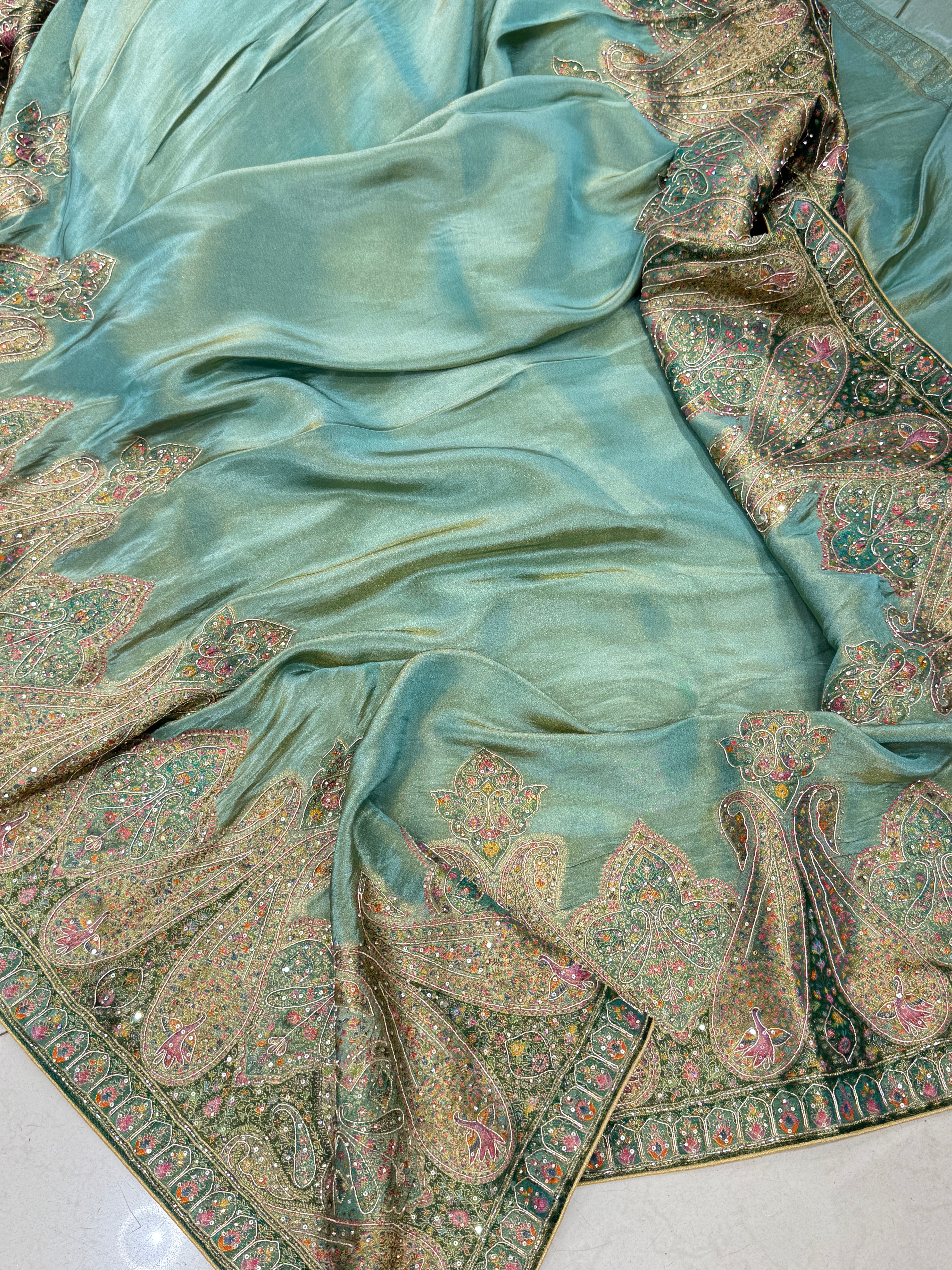 Sea Green Crepe Tissue Pashmina Style Embroidery Saree