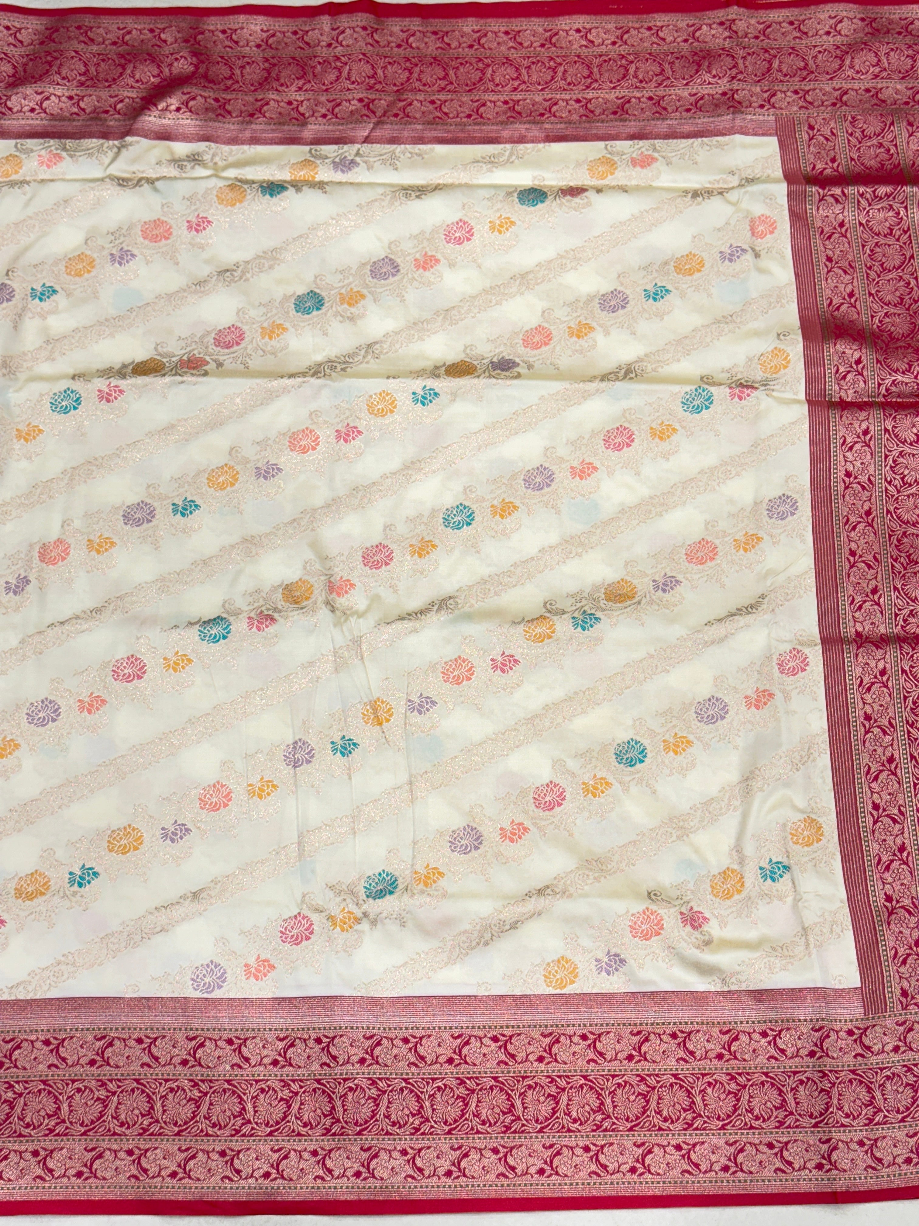 Off White Meenkari Leheriya Banarasi Silk Saree