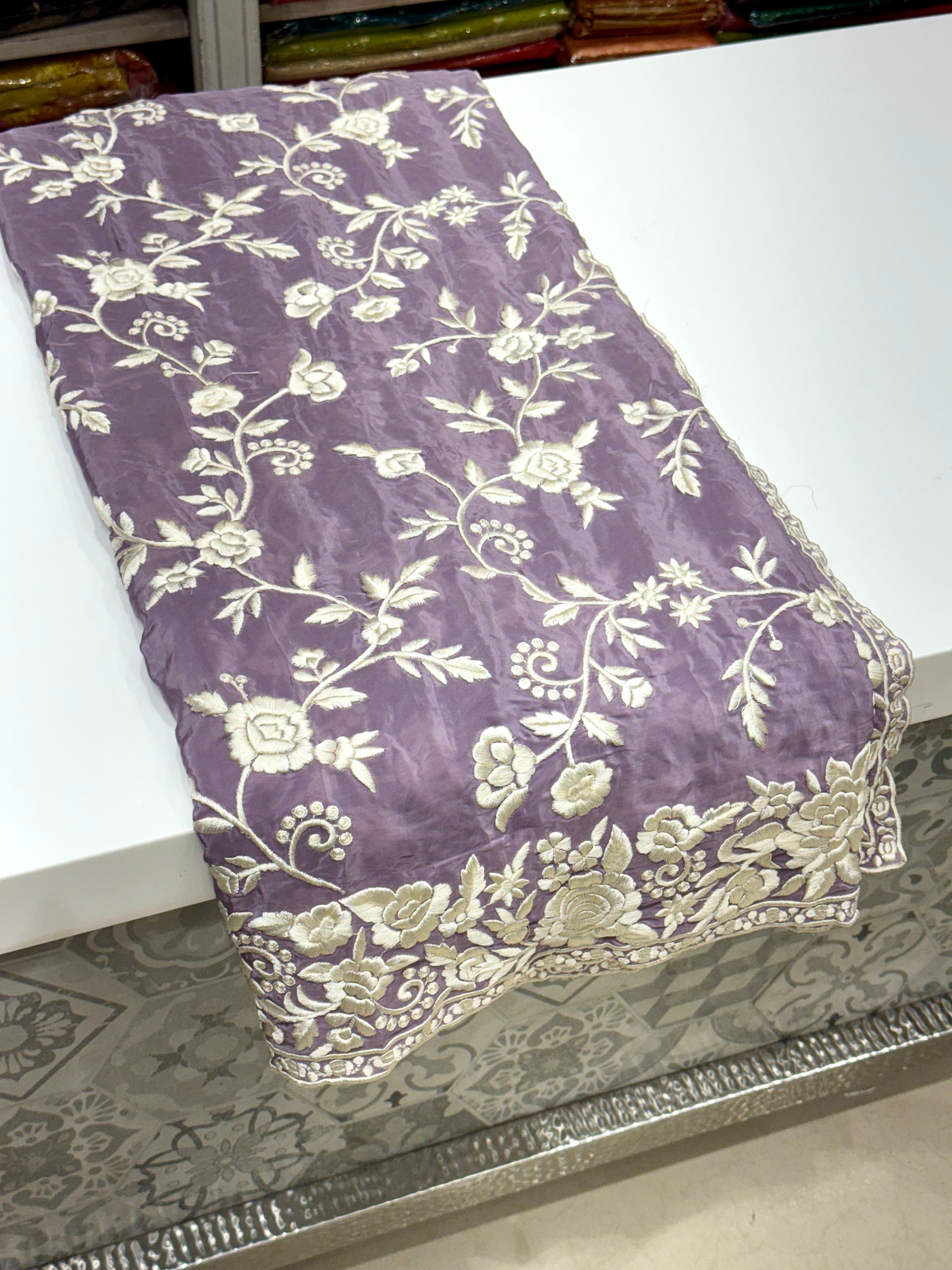 Lilac Crepe Floral Parsi Gara Saree