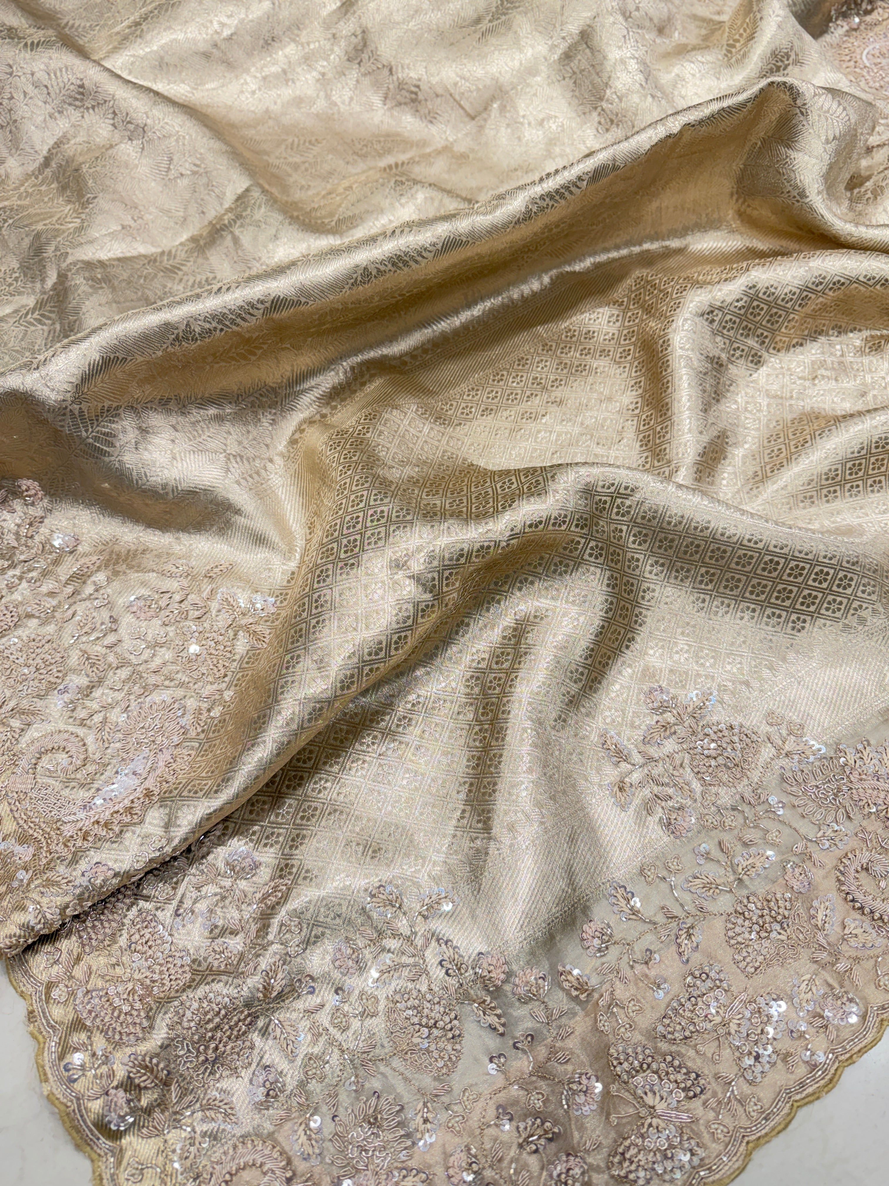 Light Gold Tissue Kanjivaram Zardosi Hand Embroidery Saree