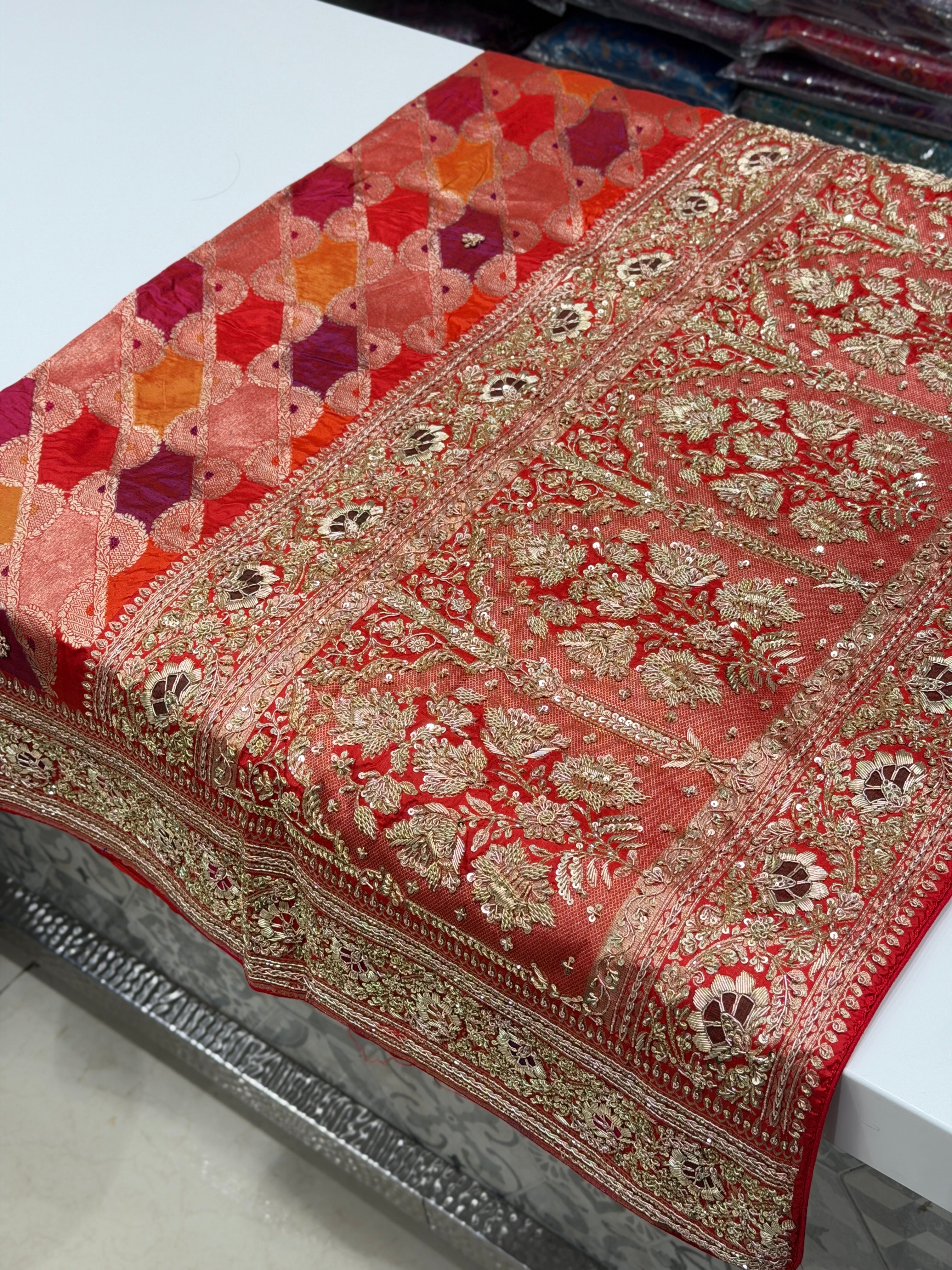 Red Handloom Banarasi Rangkat Zardosi Hand Embroidery Saree