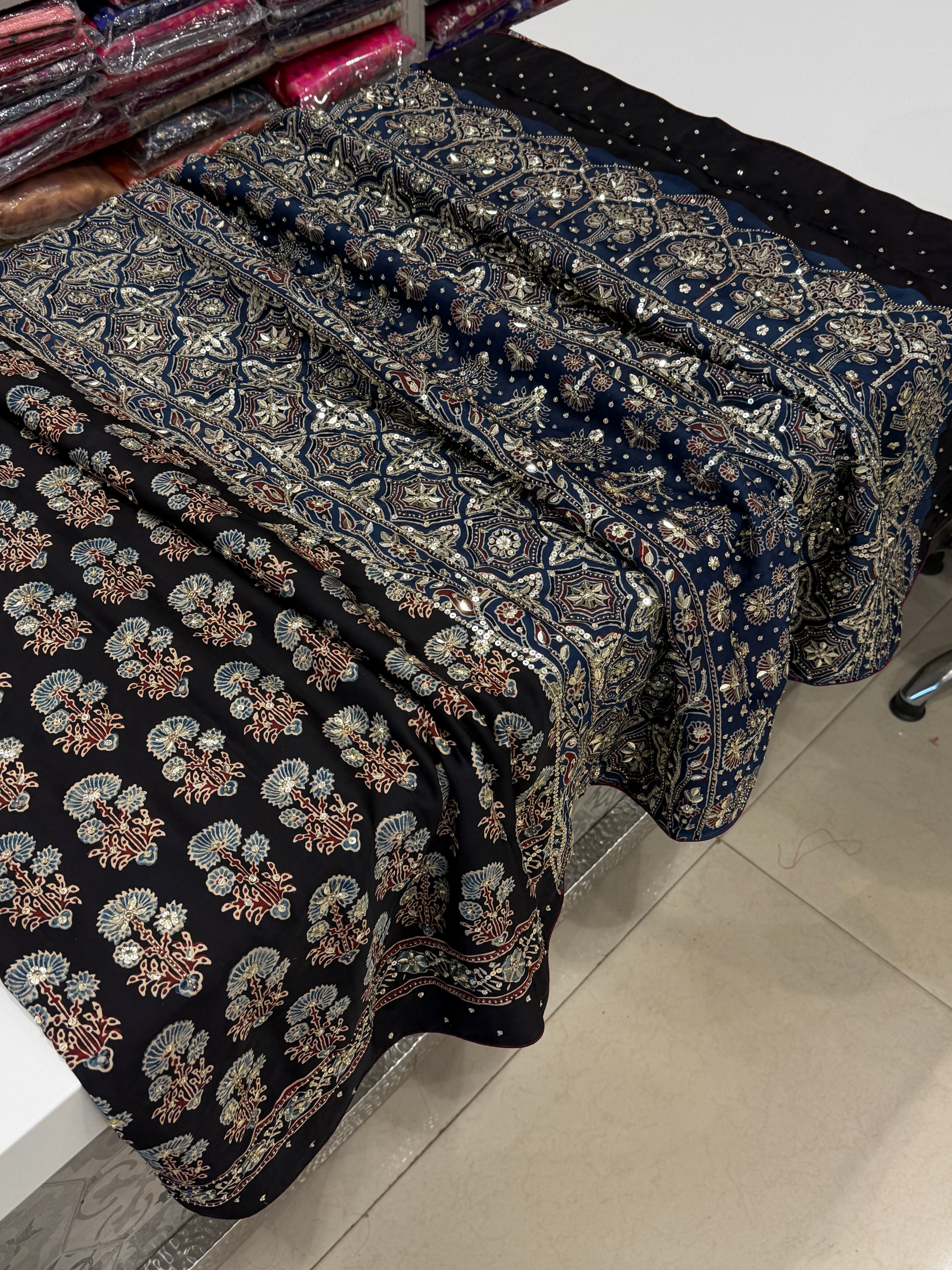 Black Butta Moti Sequin Ajrakh Hand Embroidery Saree