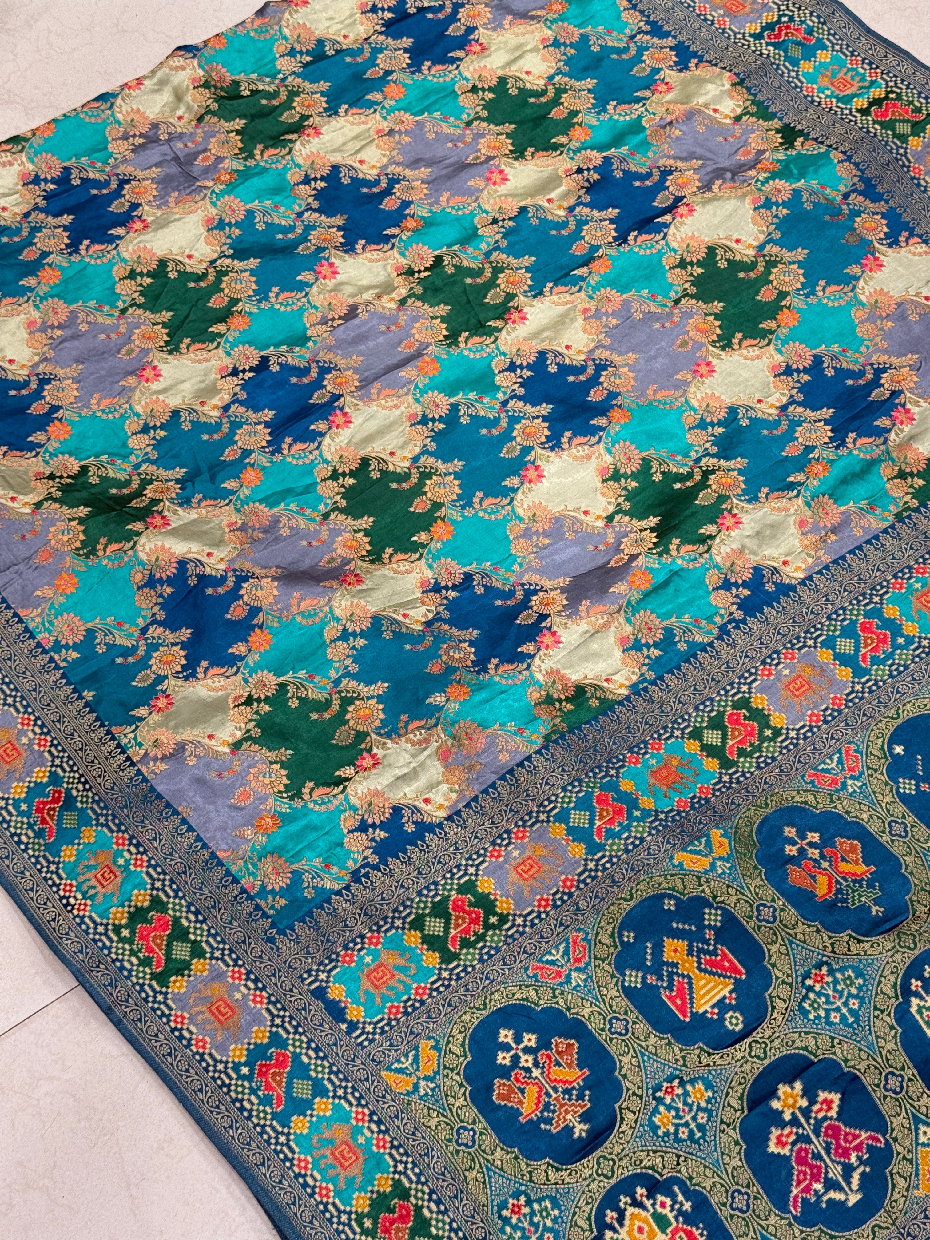 Rama Blue Banarasi Rangkat Fusion Patola Border Saree