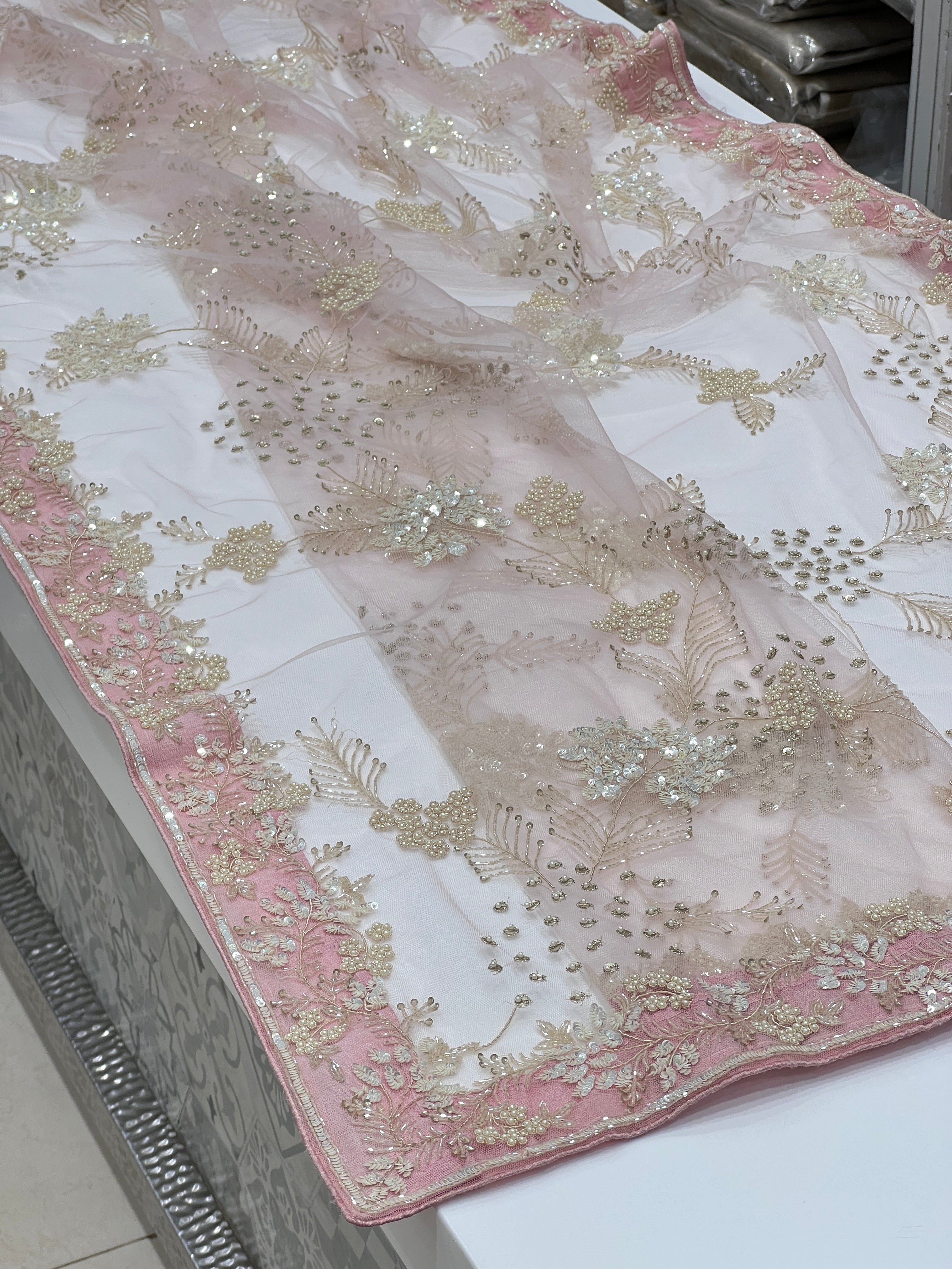 Pink Soft Net Floral Jaal Hand Embroidery Saree