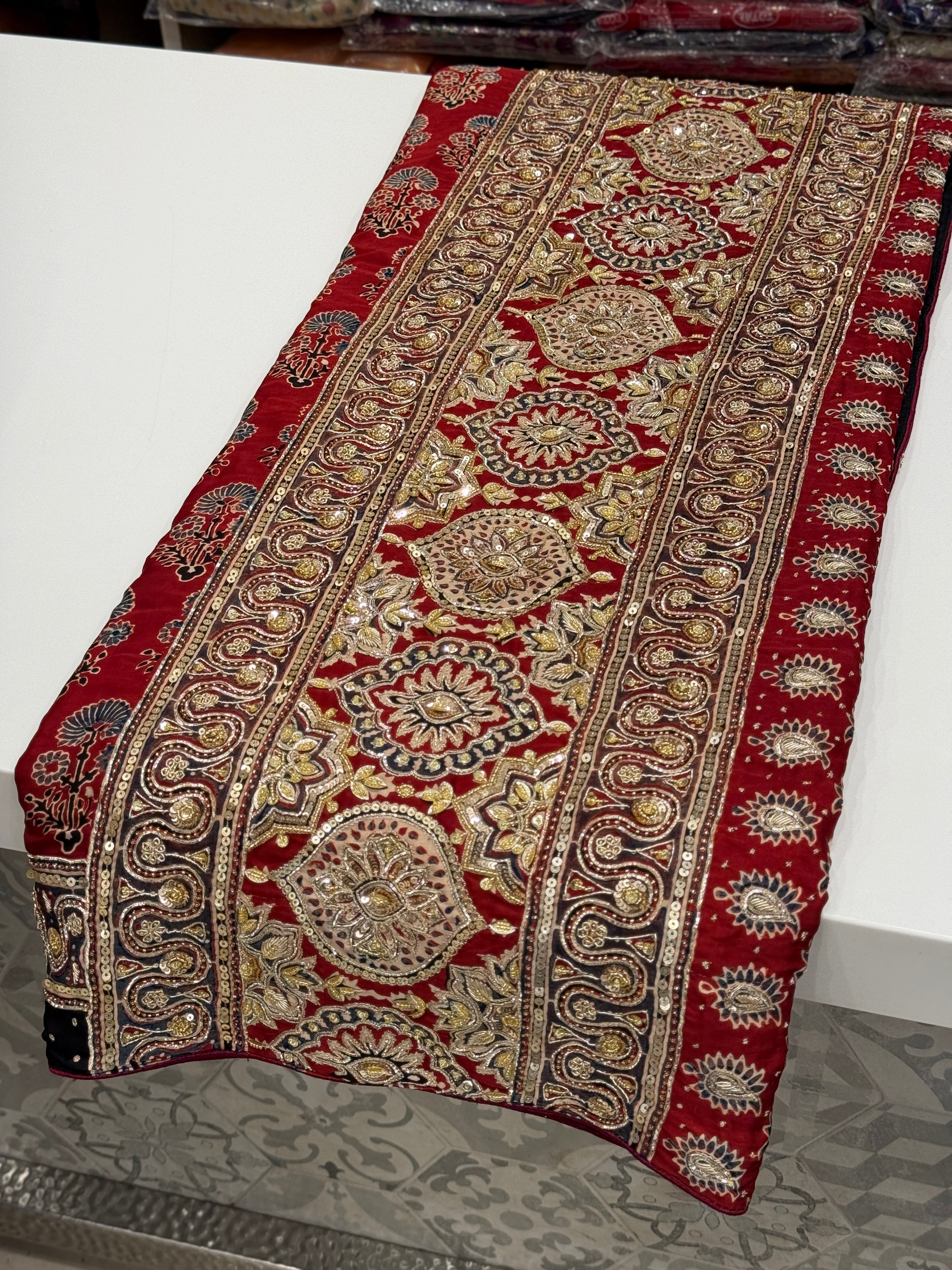 Red Buttis Pita Zardosi Sequin Ajrakh Hand Embroidery Saree