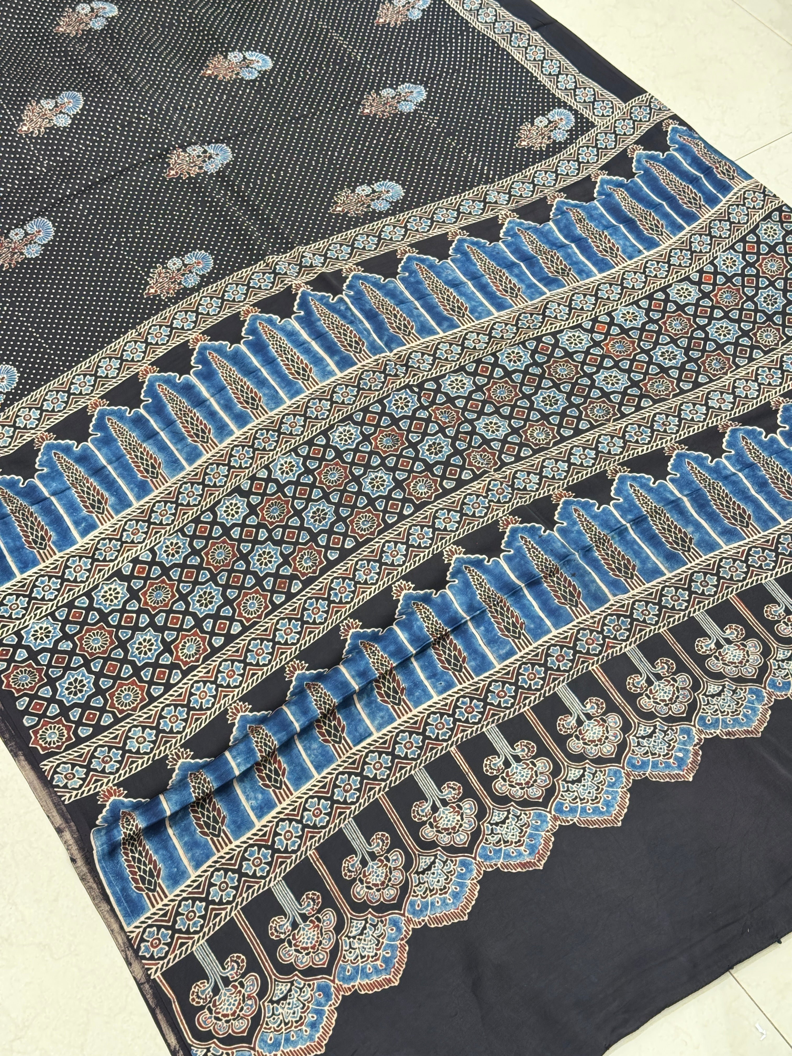 Black Floral Butti Dot Ajrakh Hand Block Print Pure Gajji Silk Saree