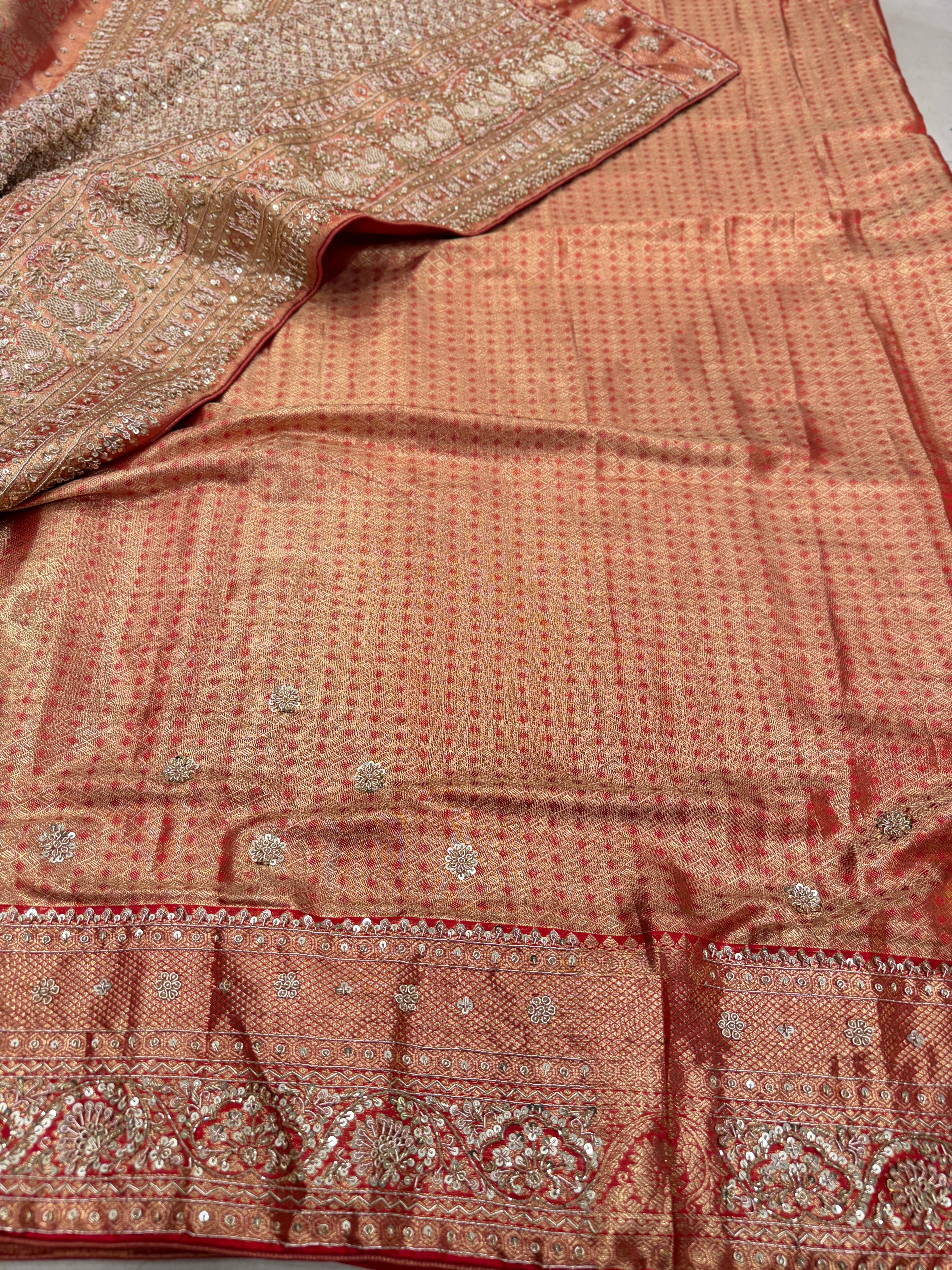 Gold Red Tissue Zardosi Kanjivaram Hand Embroidery Saree