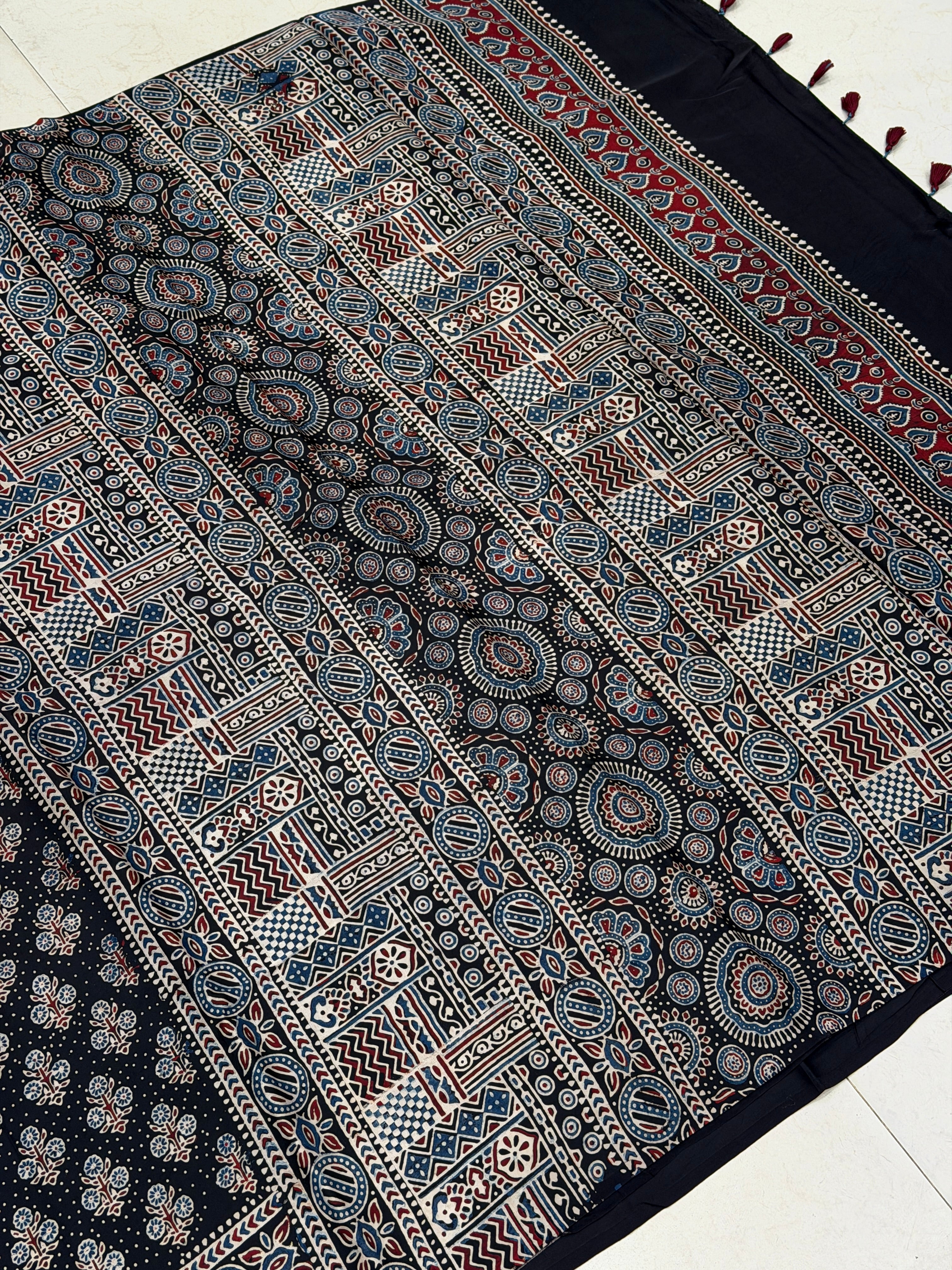 Black Buttis Ajrakh Hand Block Print Pure Modal Silk Saree