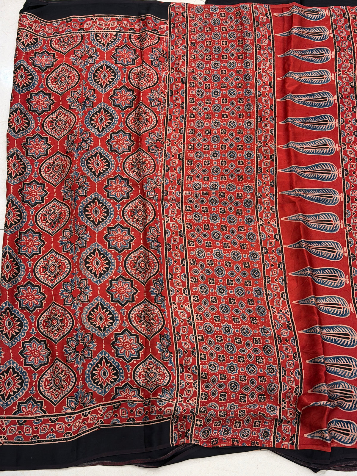 Red Badam Butta Jaal Ajrakh Hand Block Print Pure Gajji Silk Saree