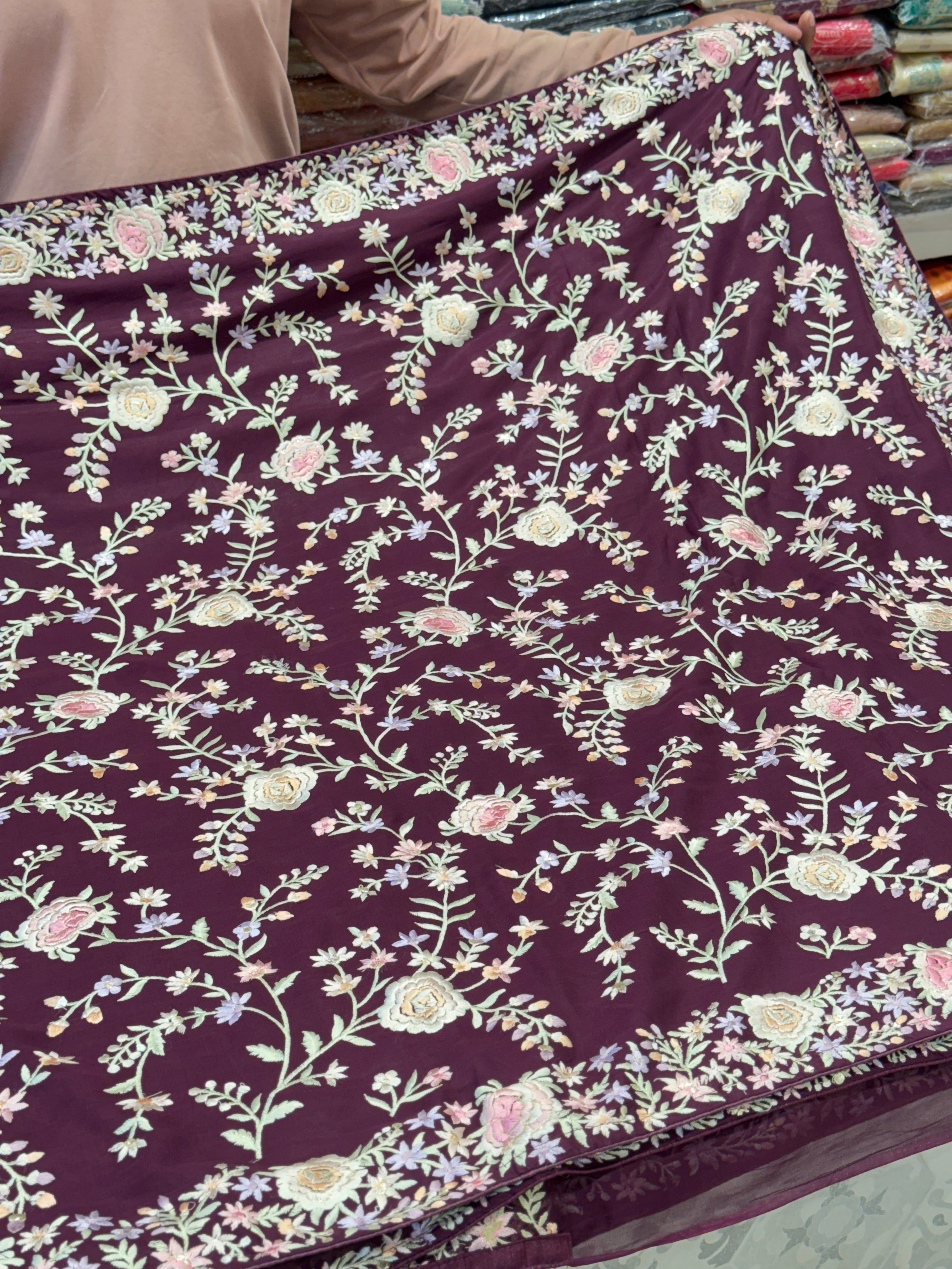 Wine Floral Parsi Gara Jaal Saree