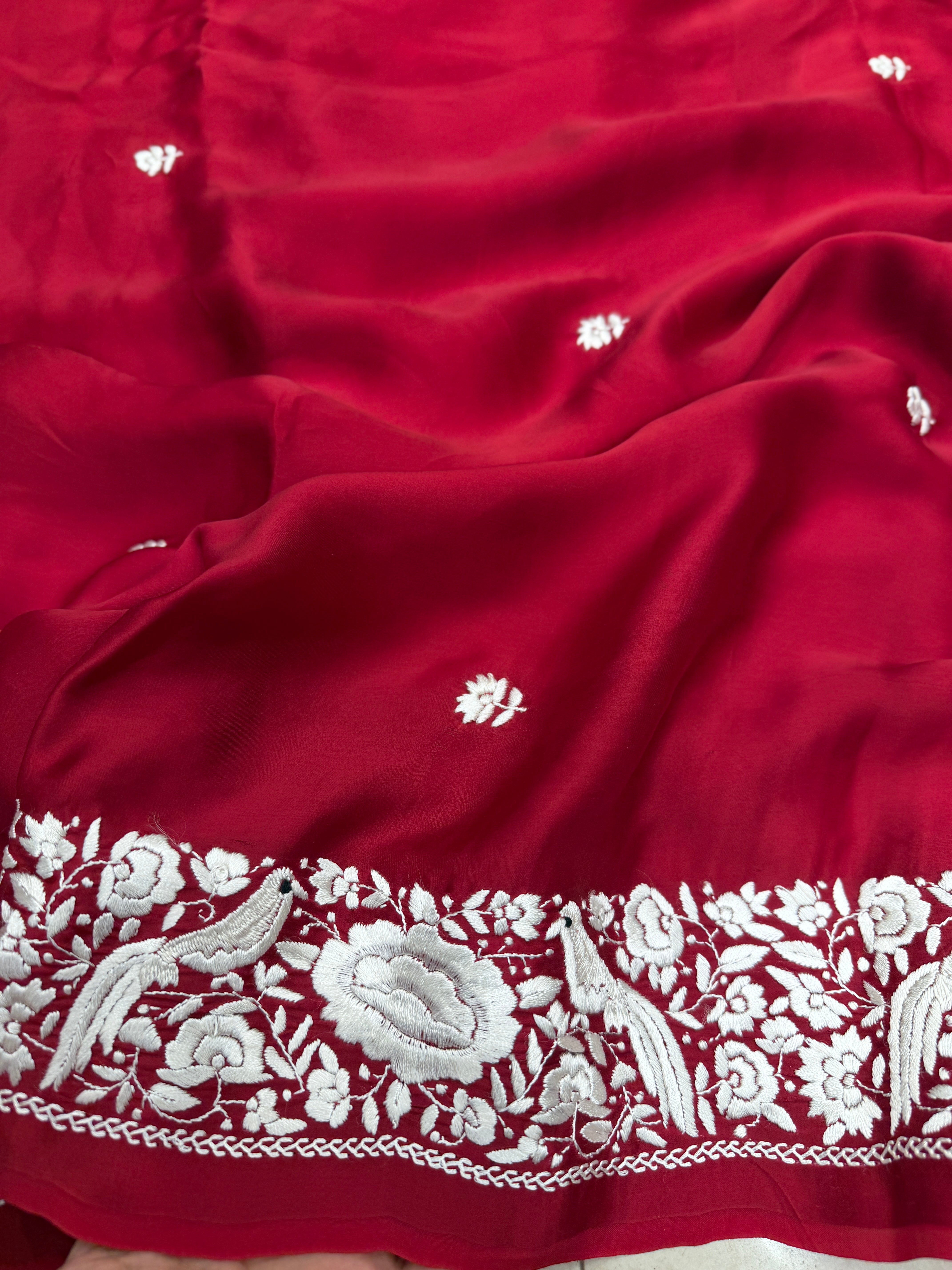 Red Parsi Gara Hand Embroidery Border Saree