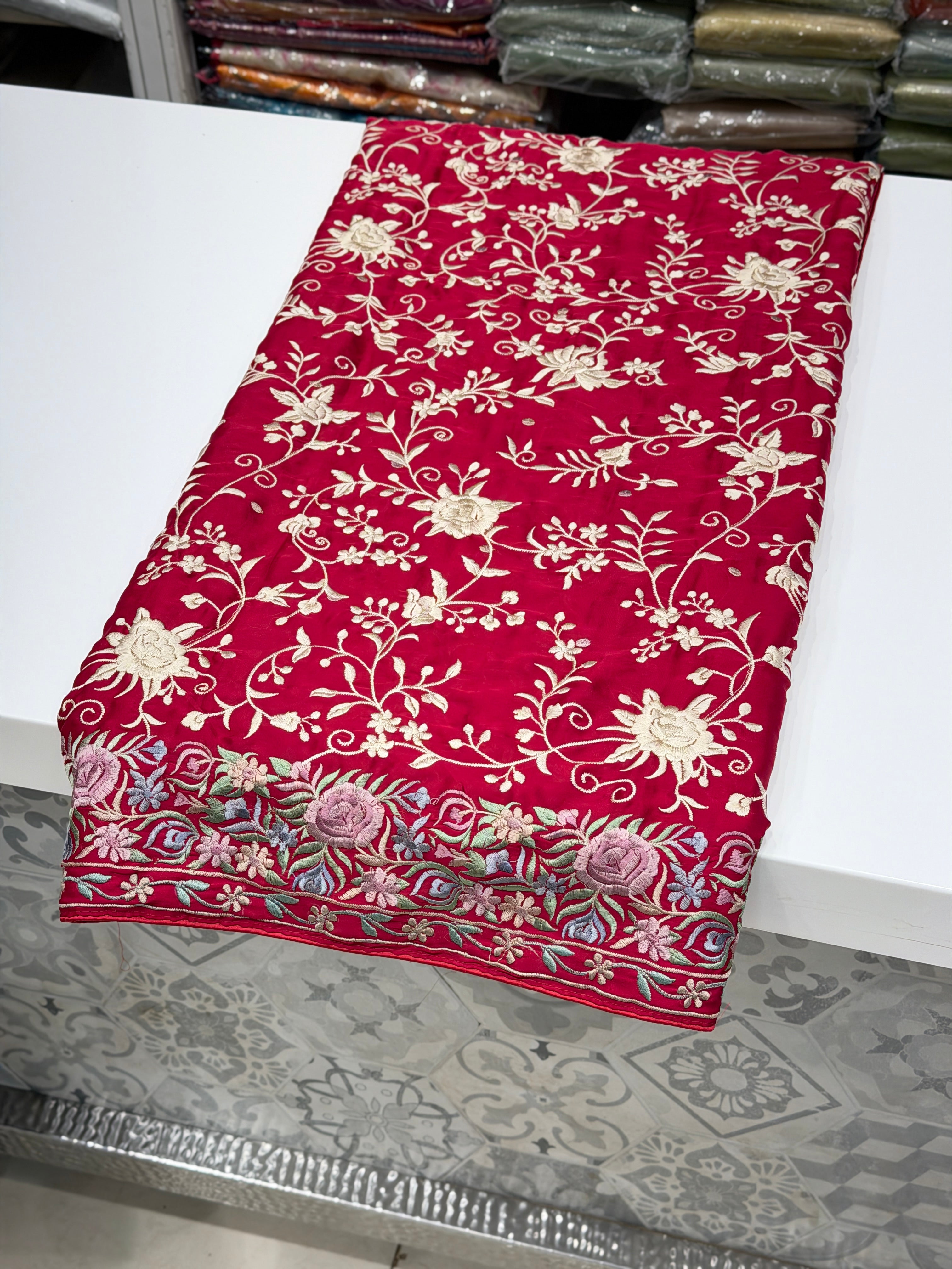 Crimson Crepe Floral Multi Resham Border Parsi Gara Saree