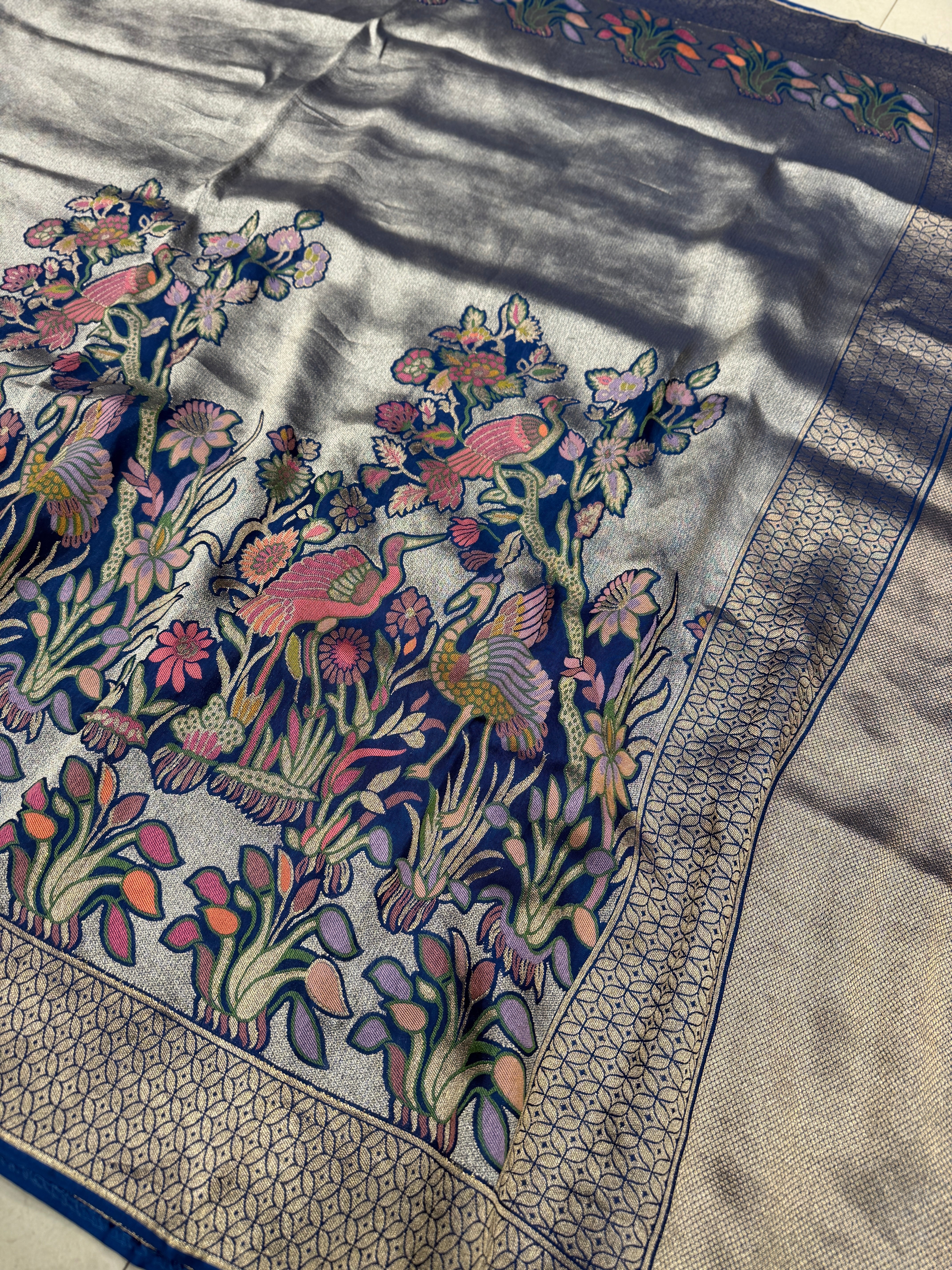Blue Parsi Gara Weaved Munga Tissue Saree