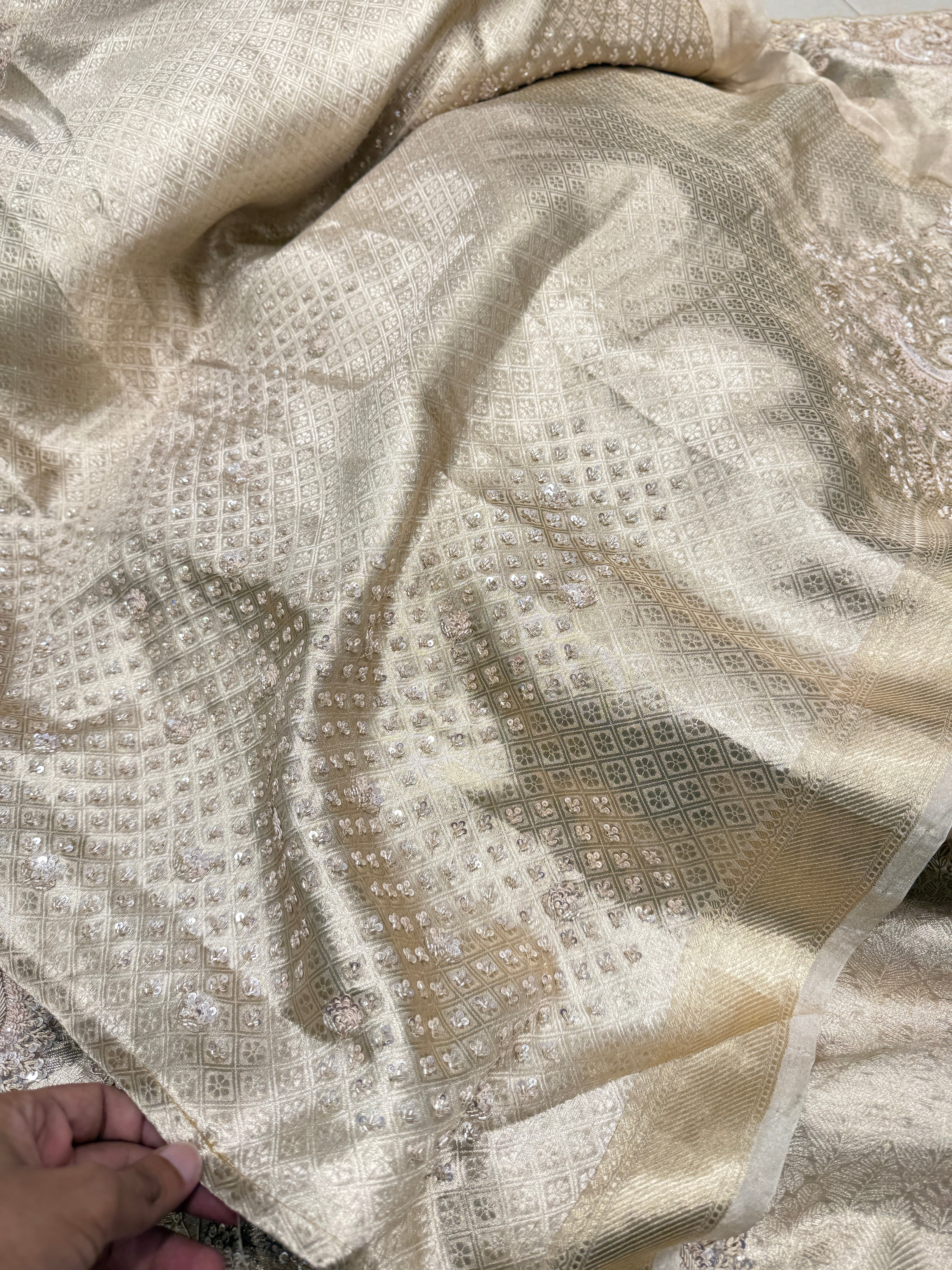 Light Gold Tissue Kanjivaram Zardosi Hand Embroidery Saree
