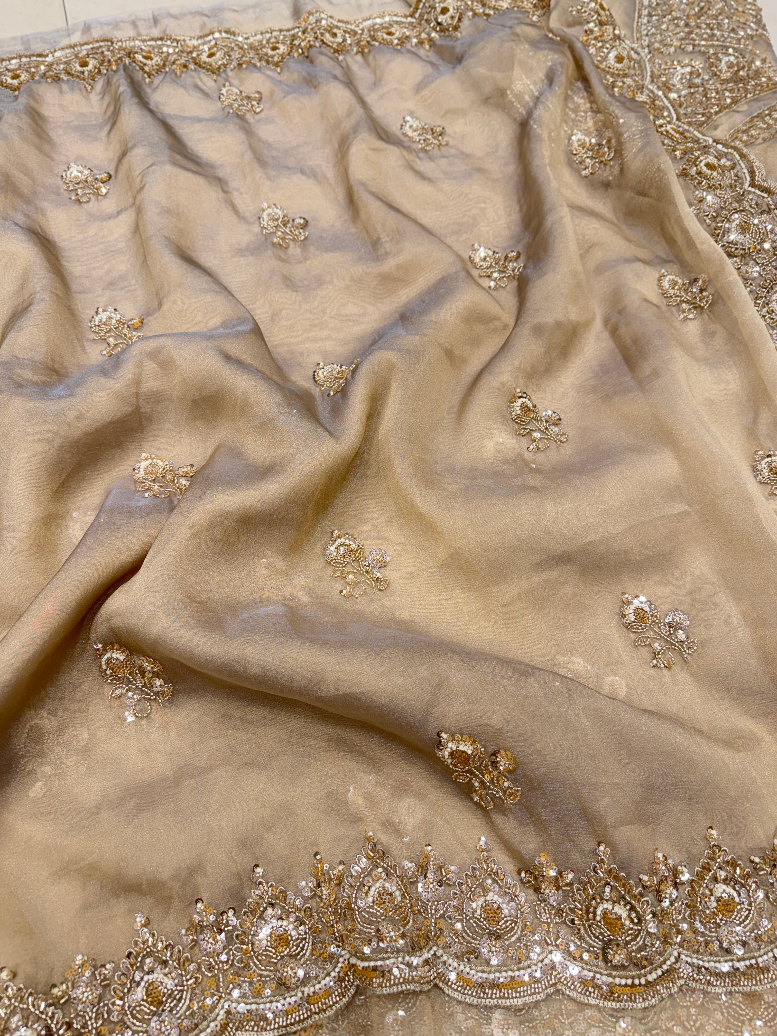 Gold Tissue Organza Moti Sequin Embroidery Heavy Blouse Saree
