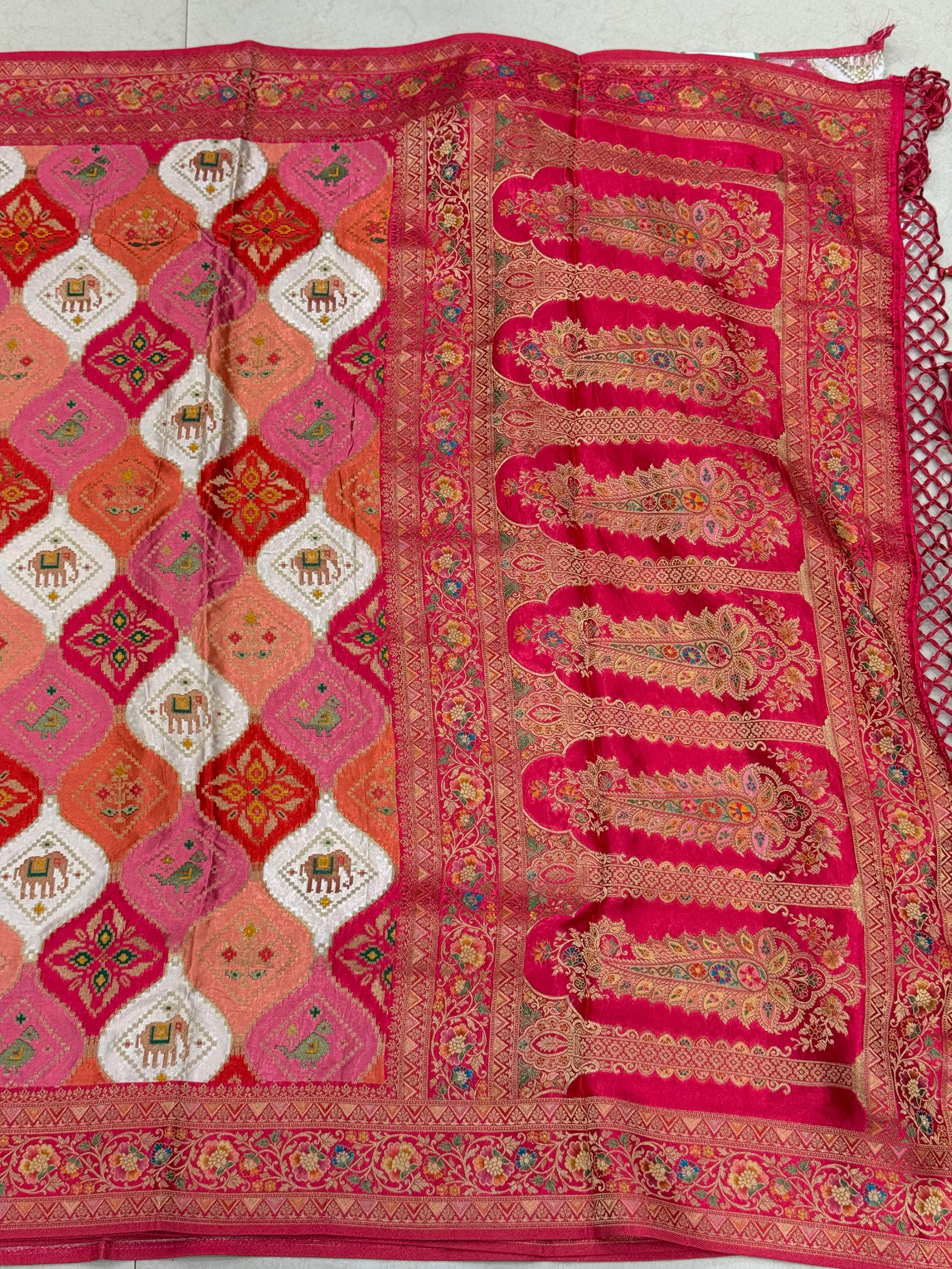 Moti White Rani Patola Elephant Motif Modal Rangkat Saree