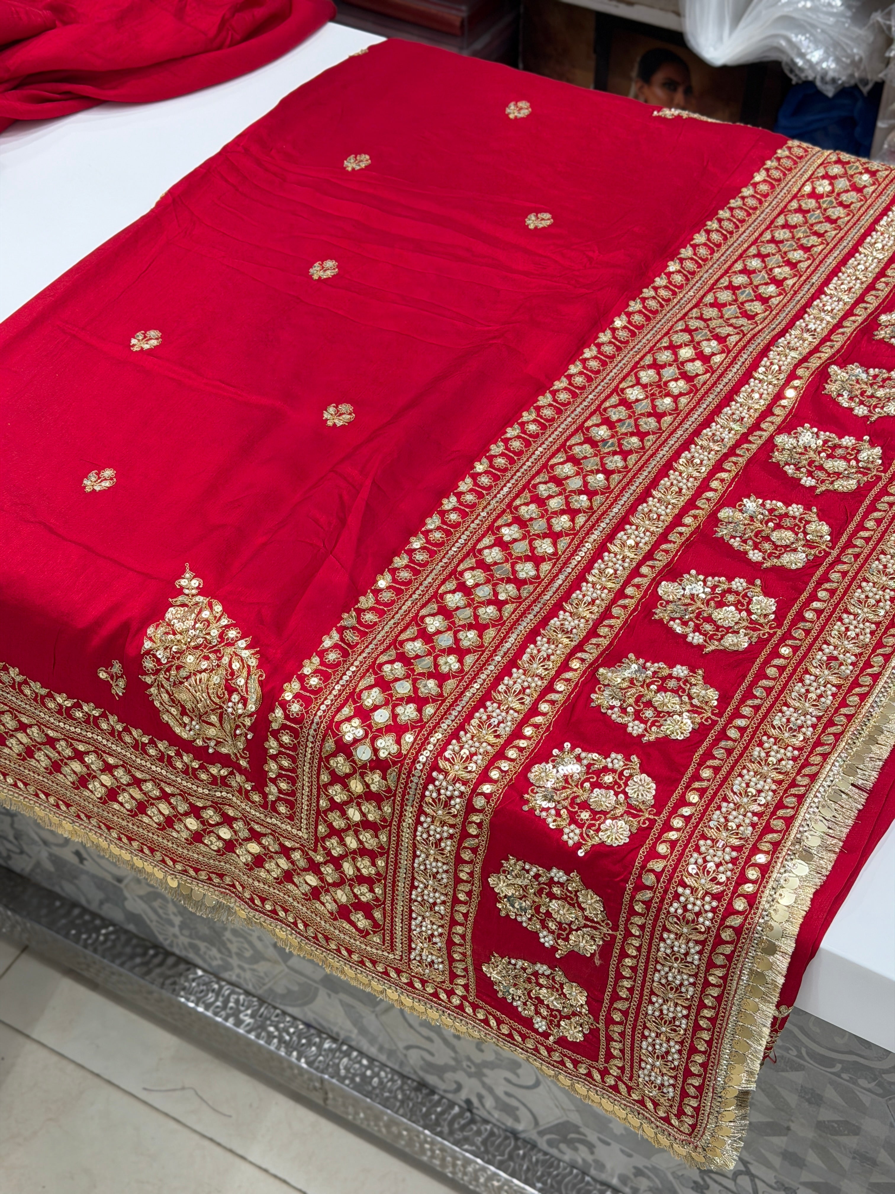 Red Marodi Embroidery Sabyasachi Inspired Pure Silk Butti Saree
