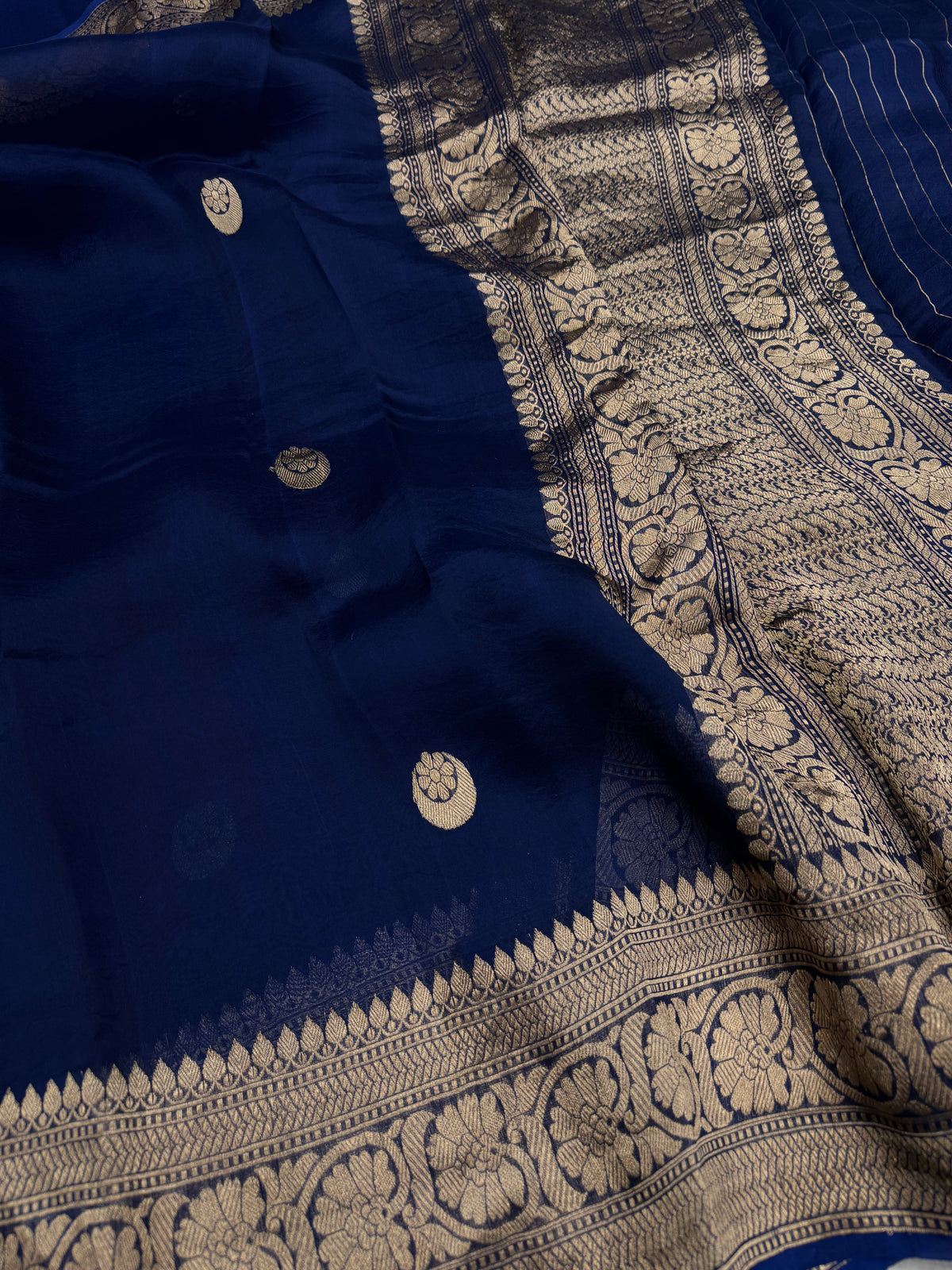 Blue Chand Buttis Handloom Banarasi Kora Silk Saree